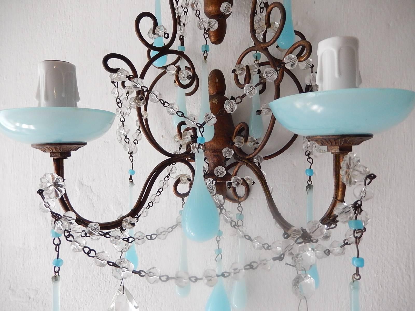 French Baroque Aqua Blue Opaline Drop Bead Bobeches Rock Crystal Sconces 1