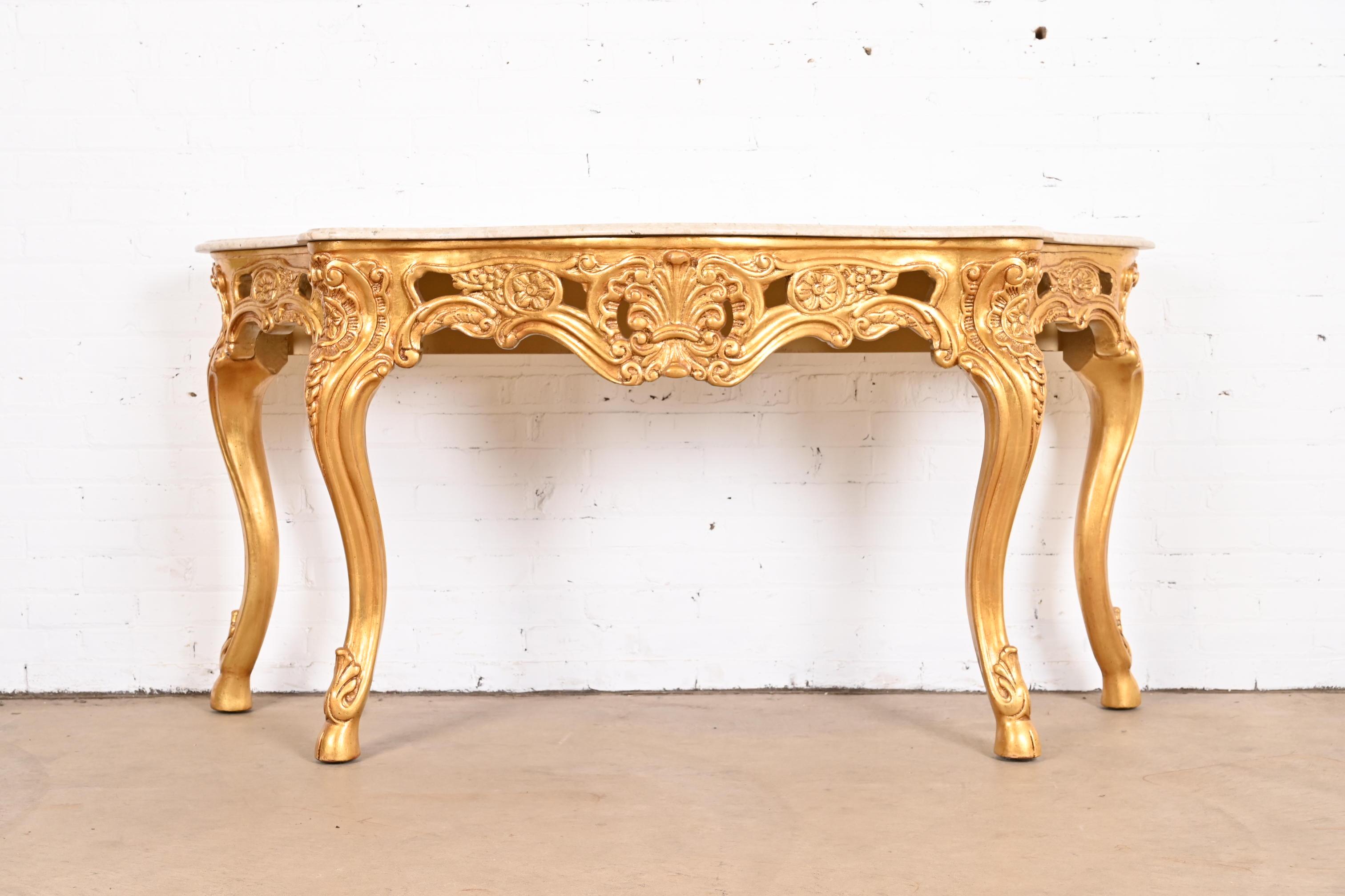 Table console baroque française en bois sculpté et doré avec plateau en marbre en vente 6