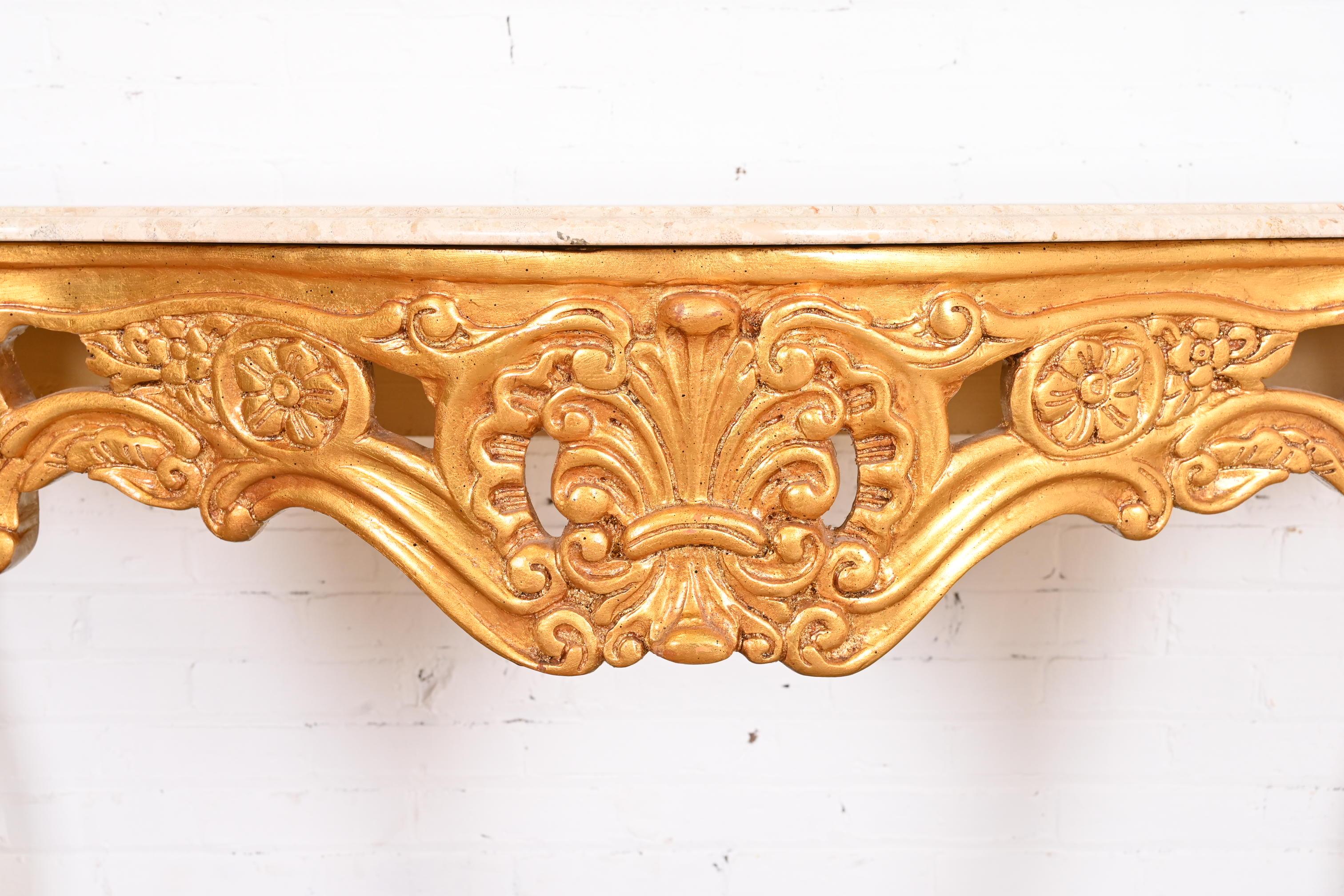 French Baroque Carved Giltwood Marble Top Console Table For Sale 9