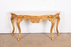 French Baroque Carved Giltwood Marble Top Console Table