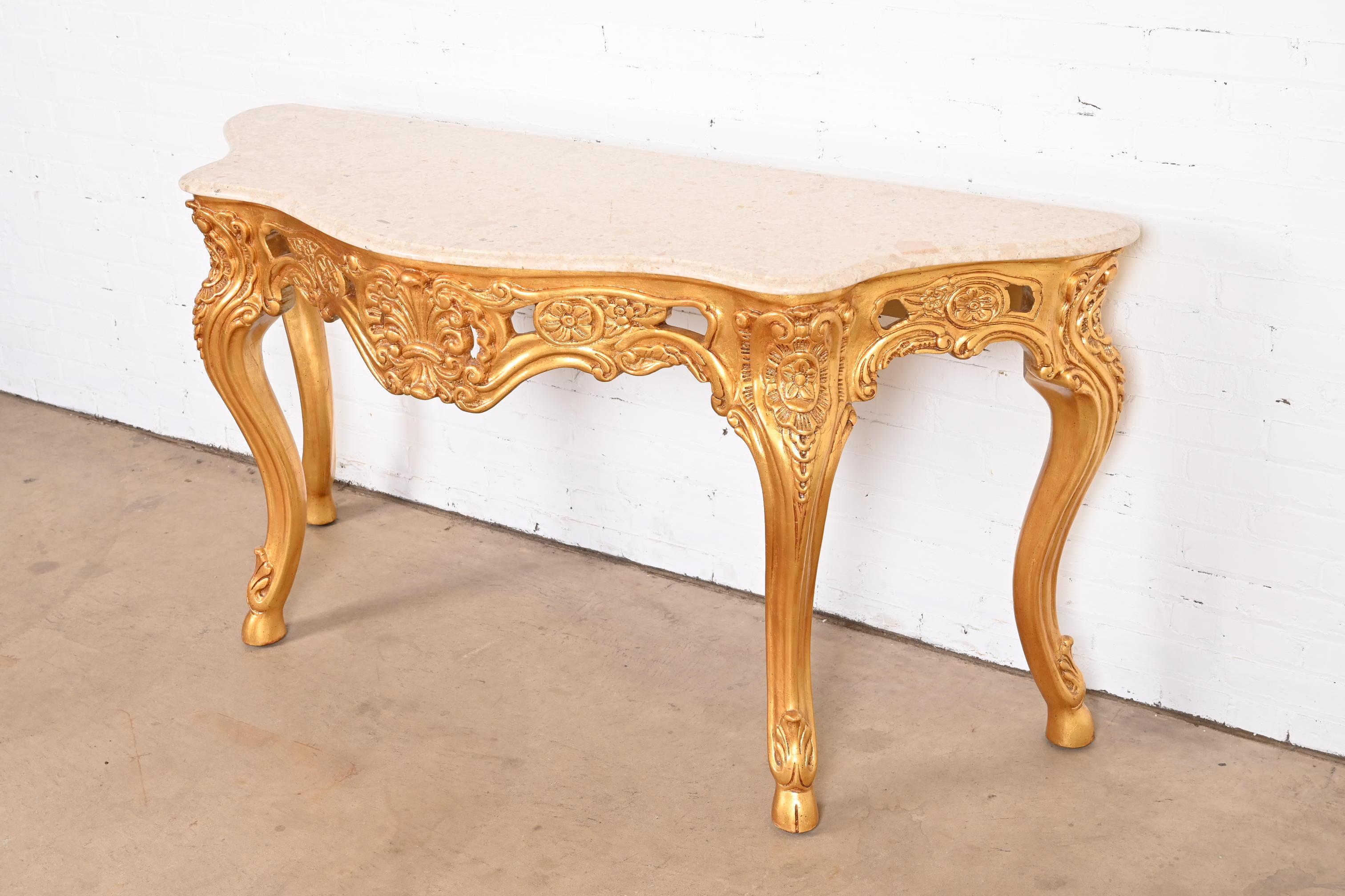 Baroque Table console baroque française en bois sculpté et doré avec plateau en marbre en vente