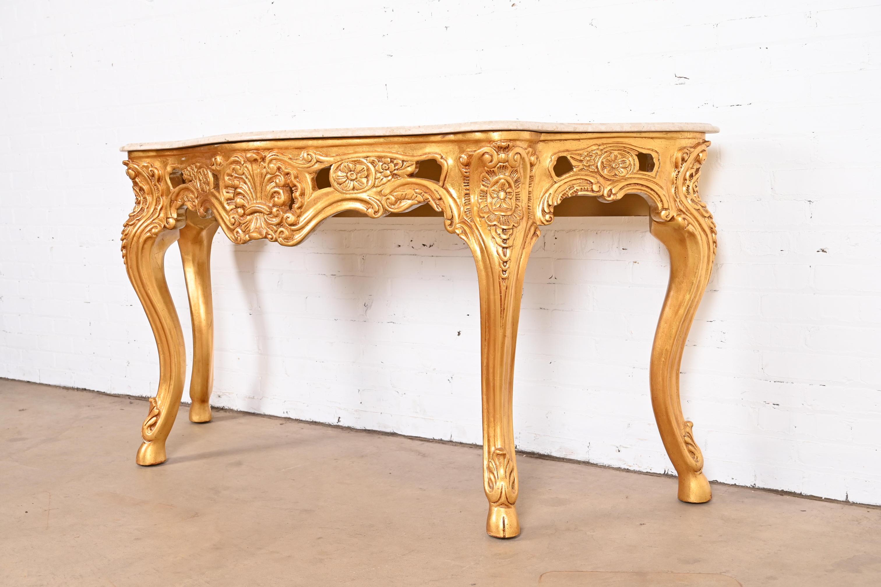 Table console baroque française en bois sculpté et doré avec plateau en marbre Bon état - En vente à South Bend, IN