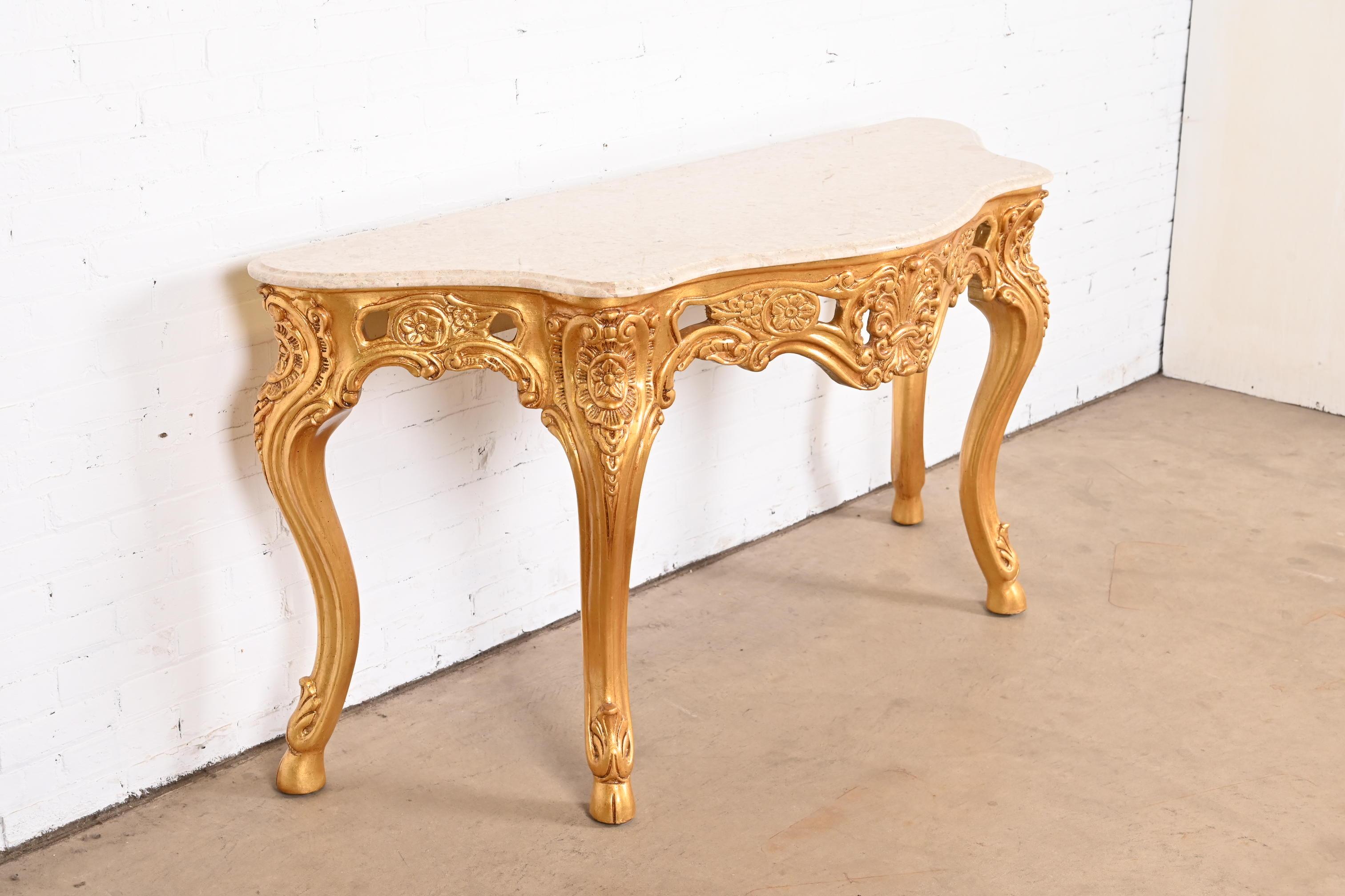 French Baroque Carved Giltwood Marble Top Console Table For Sale 1