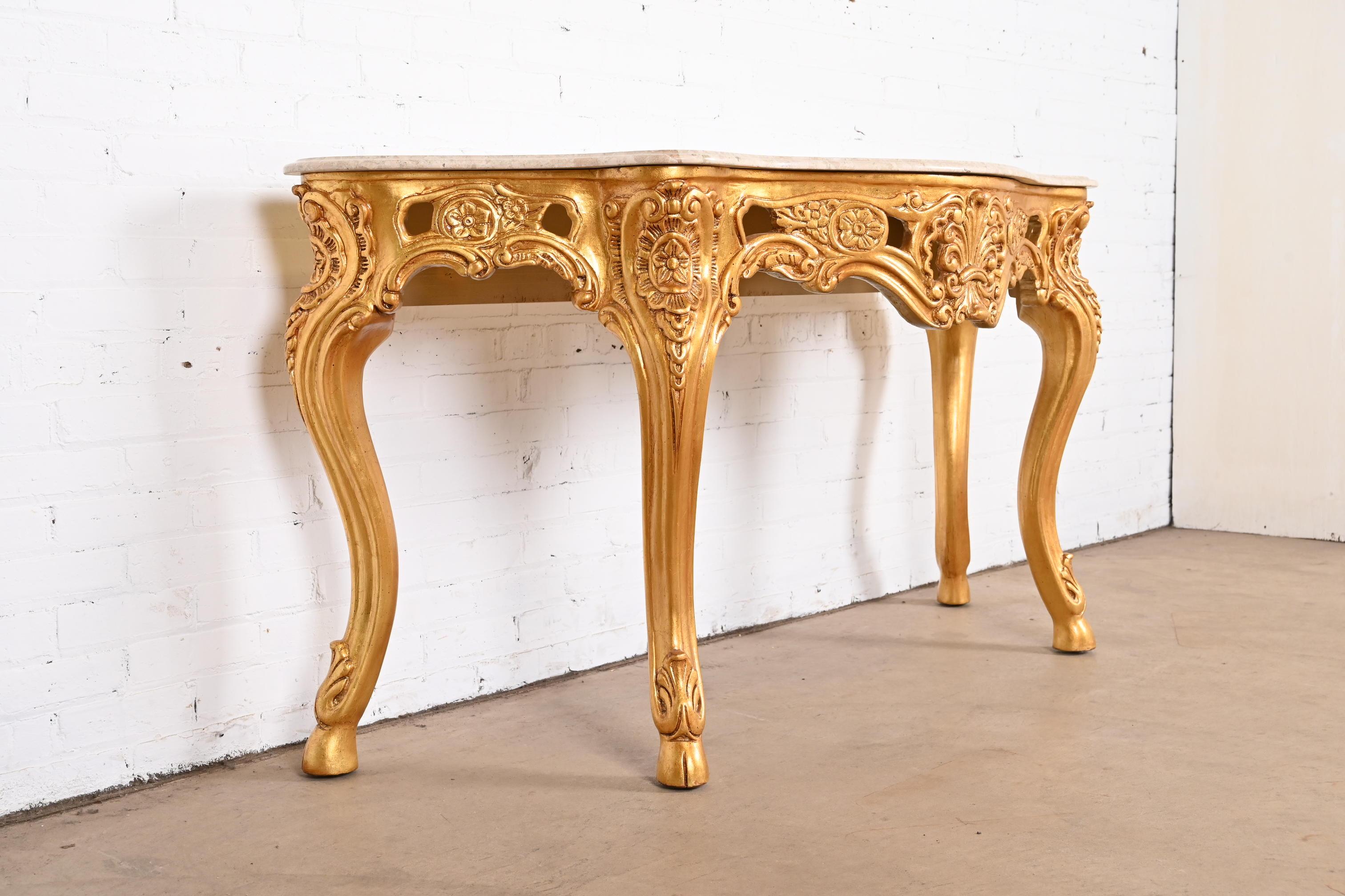 Marbre Table console baroque française en bois sculpté et doré avec plateau en marbre en vente