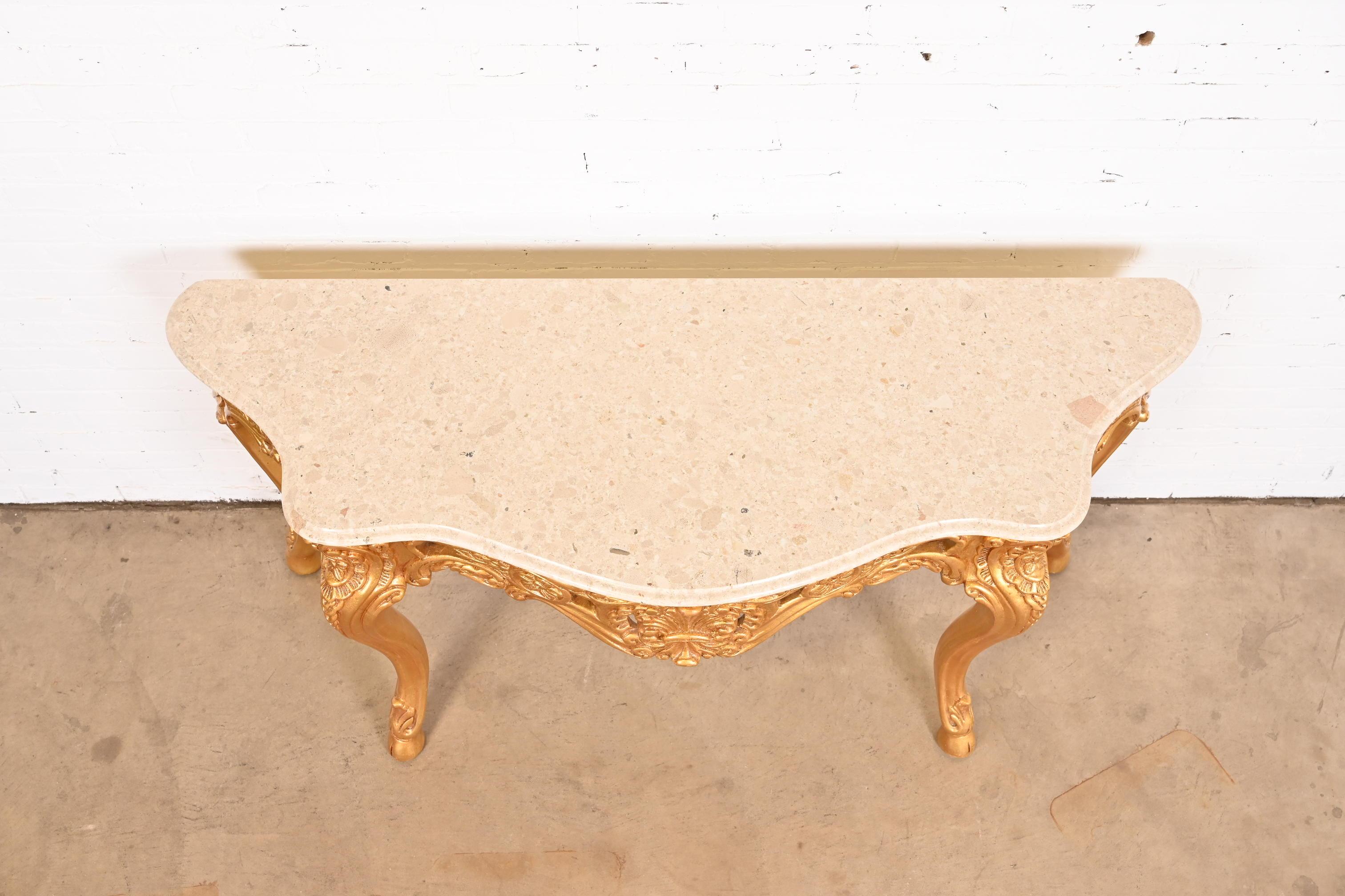 Table console baroque française en bois sculpté et doré avec plateau en marbre en vente 1