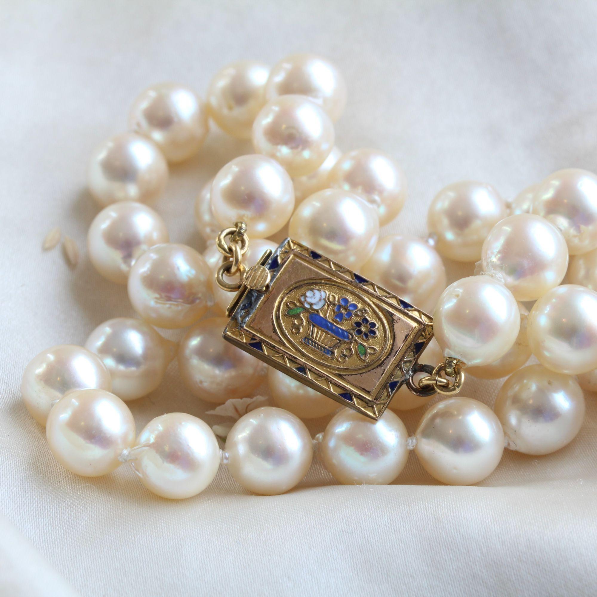 French Cut French Baroque Cultured Pearls Antique Clasp Necklace For Sale