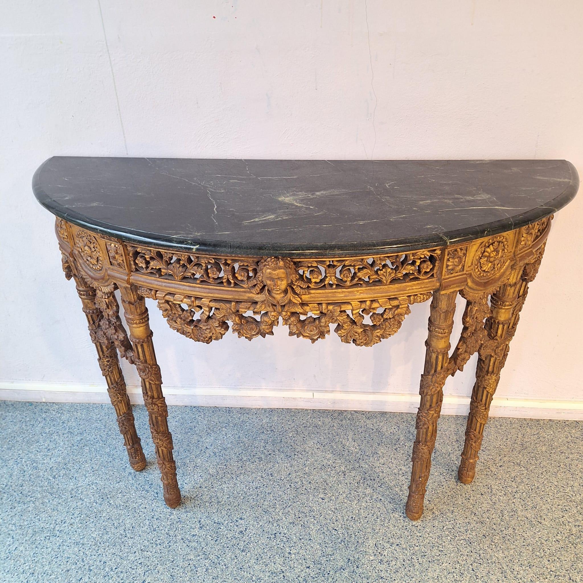 French Baroque Half-Moon Wall Console With Marble And Six Legs For Sale 12