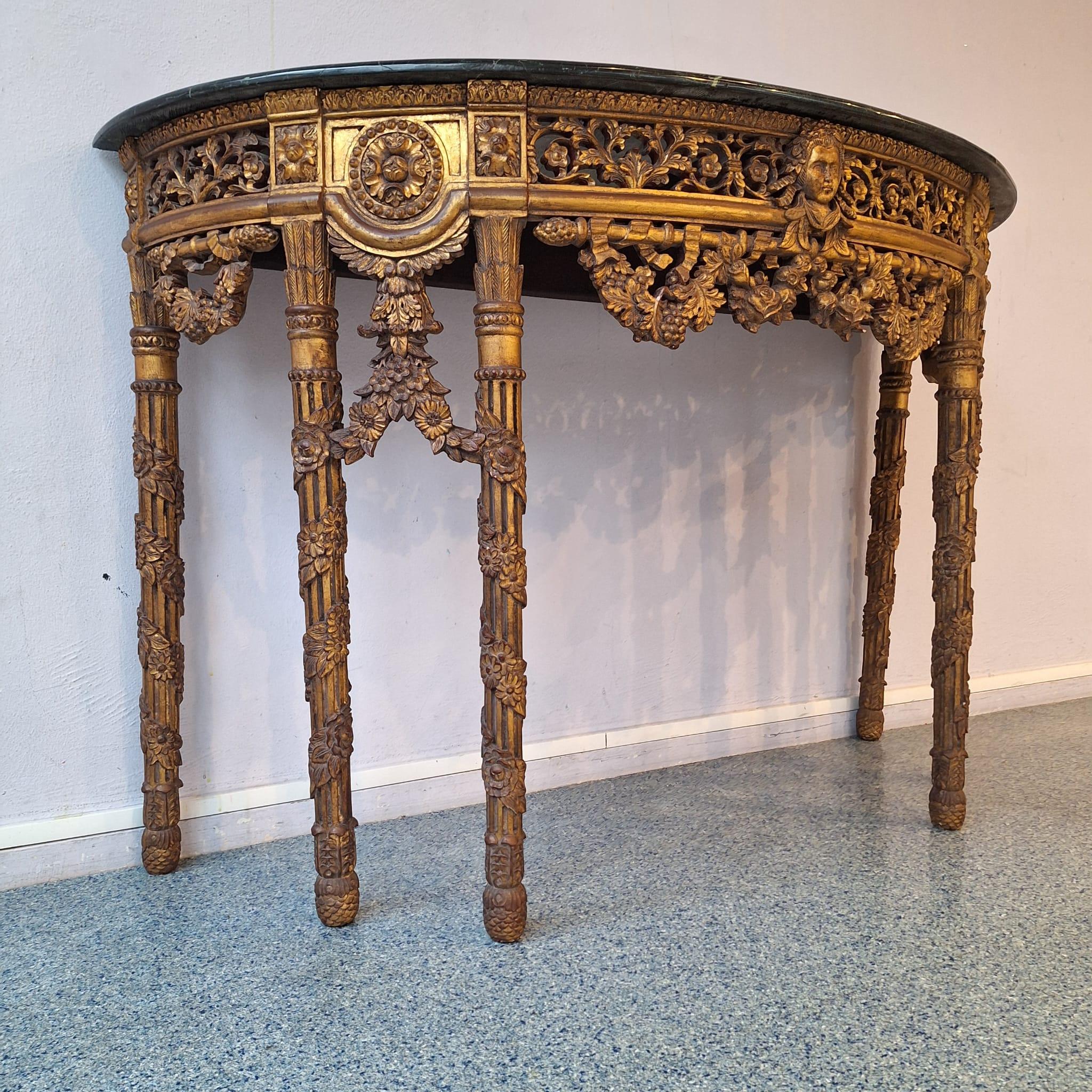 French Baroque Half-Moon Wall Console With Marble And Six Legs In Good Condition For Sale In MIJDRECHT, NL