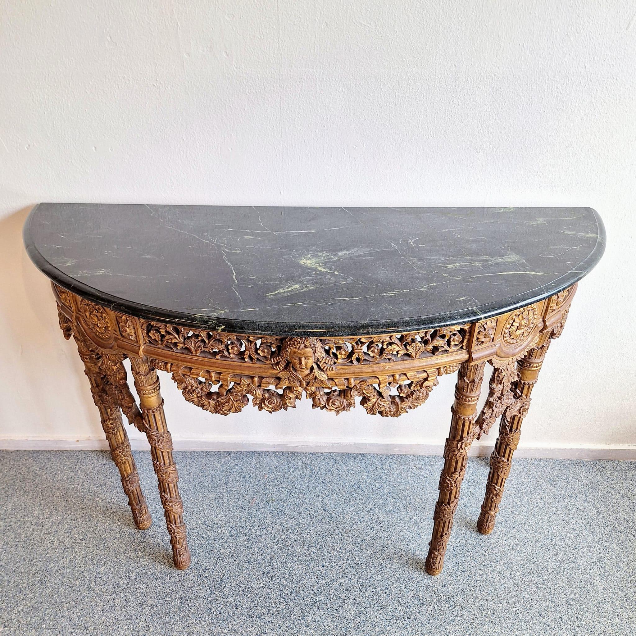 French Baroque Half-Moon Wall Console With Marble And Six Legs For Sale