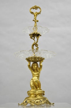 French Baroque Louis XV Gold Gilt Bronze Cherub & Glass 2 Tier Candy Dish Stand
