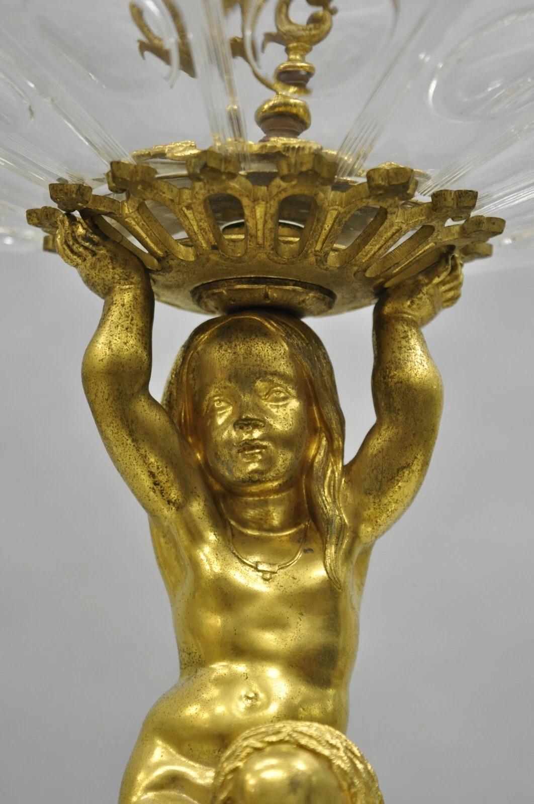 French Baroque Louis XV Gold Gilt Bronze Cherub & Glass 2 Tier Candy Dish Stand Bronce en venta