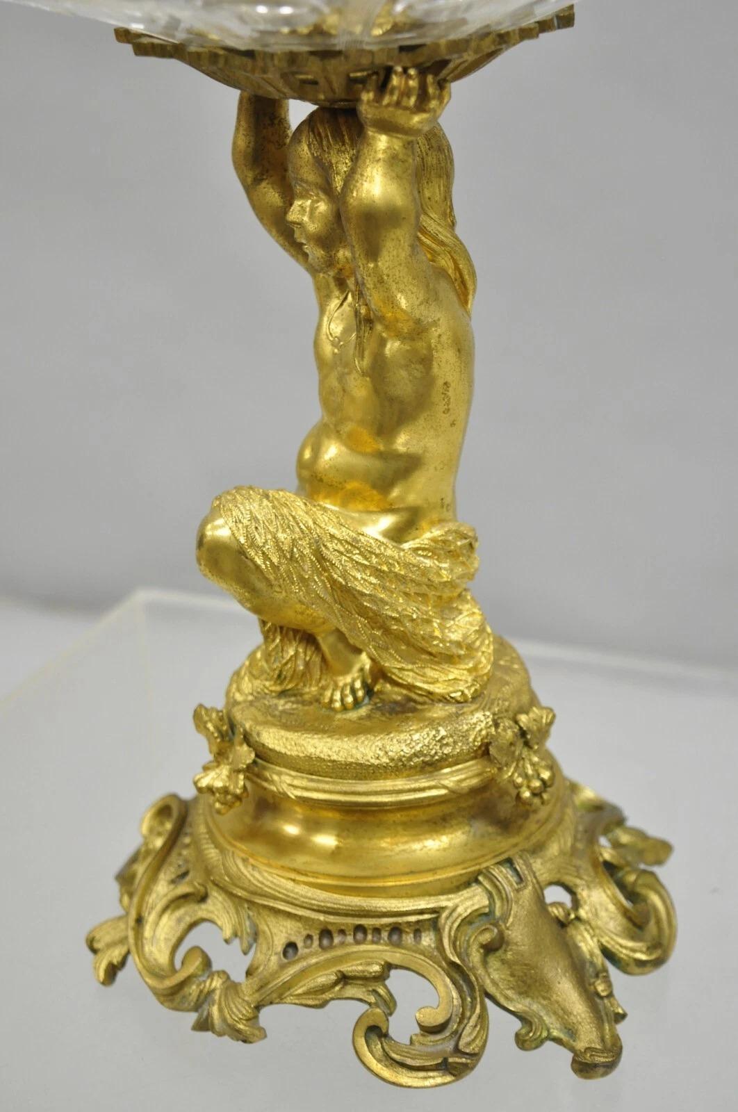 French Baroque Louis XV Gold Gilt Bronze Cherub & Glass 2 Tier Candy Dish Stand en venta 1