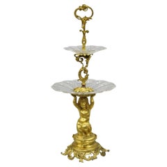Antique French Baroque Louis XV Gold Gilt Bronze Cherub & Glass 2 Tier Candy Dish Stand