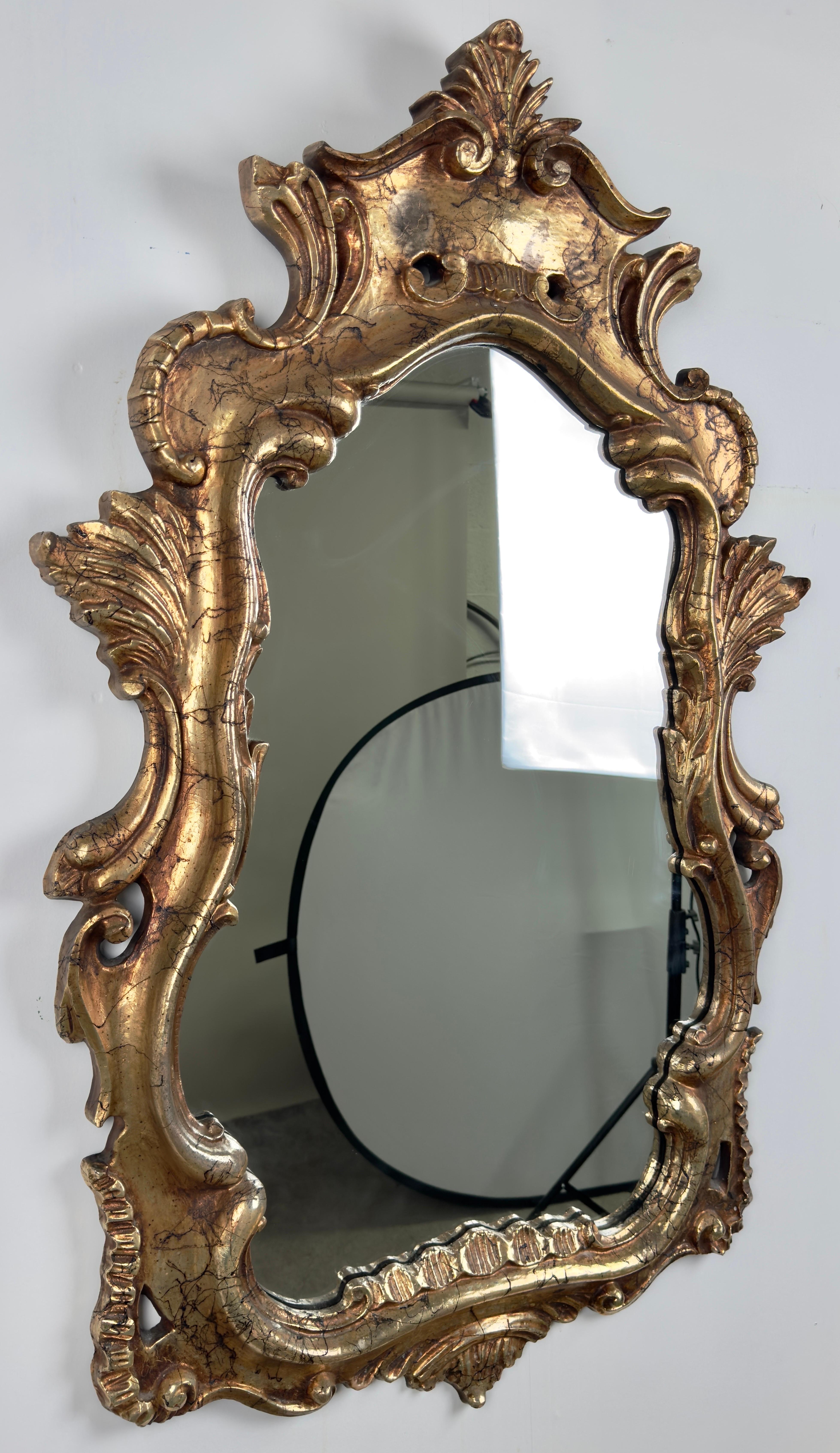 French Baroque Louis XV Style Antiqued Gold Wall or Console Mirror, a Pair In Good Condition For Sale In Plainview, NY