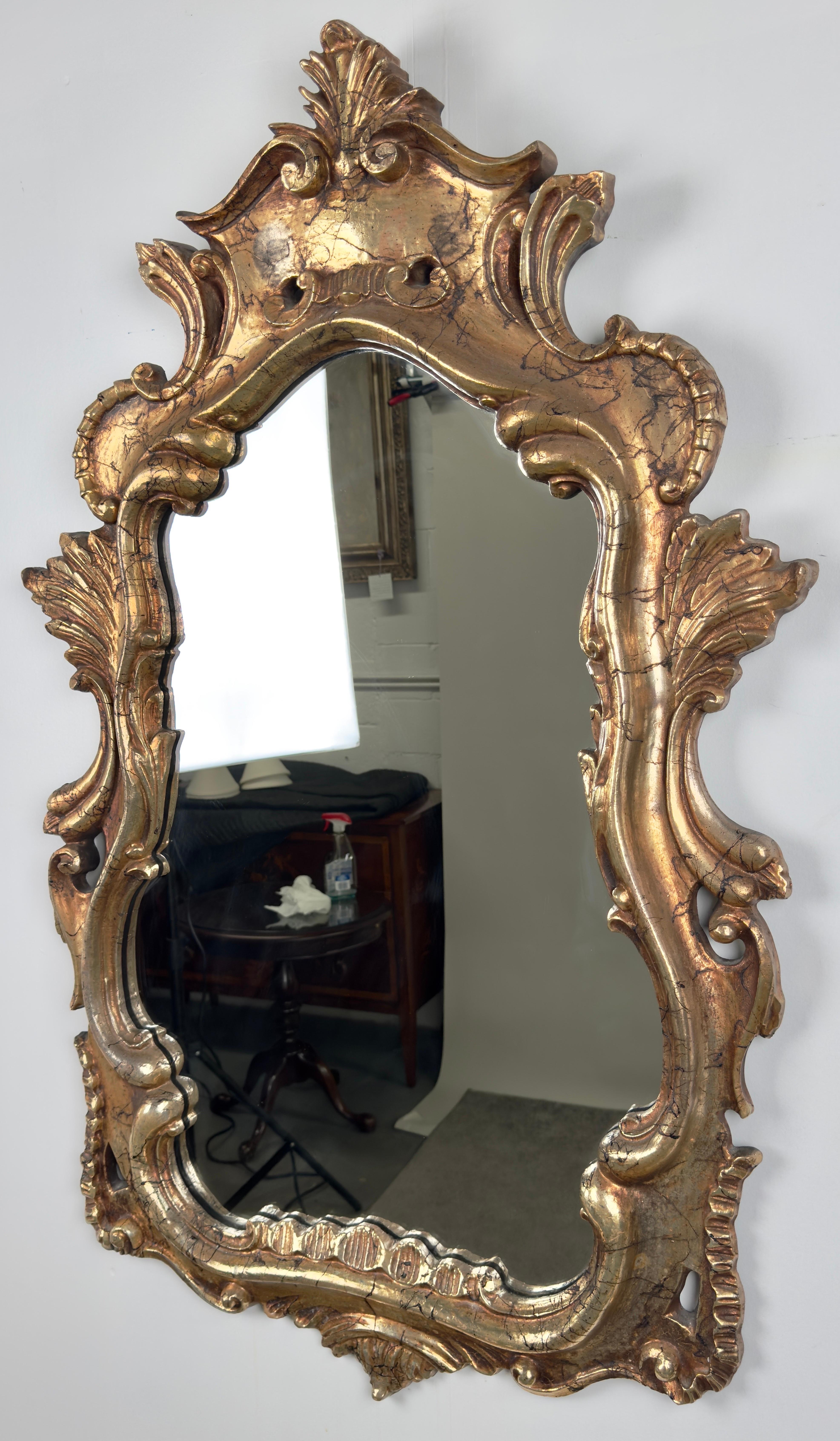 20th Century French Baroque Louis XV Style Antiqued Gold Wall or Console Mirror, a Pair For Sale