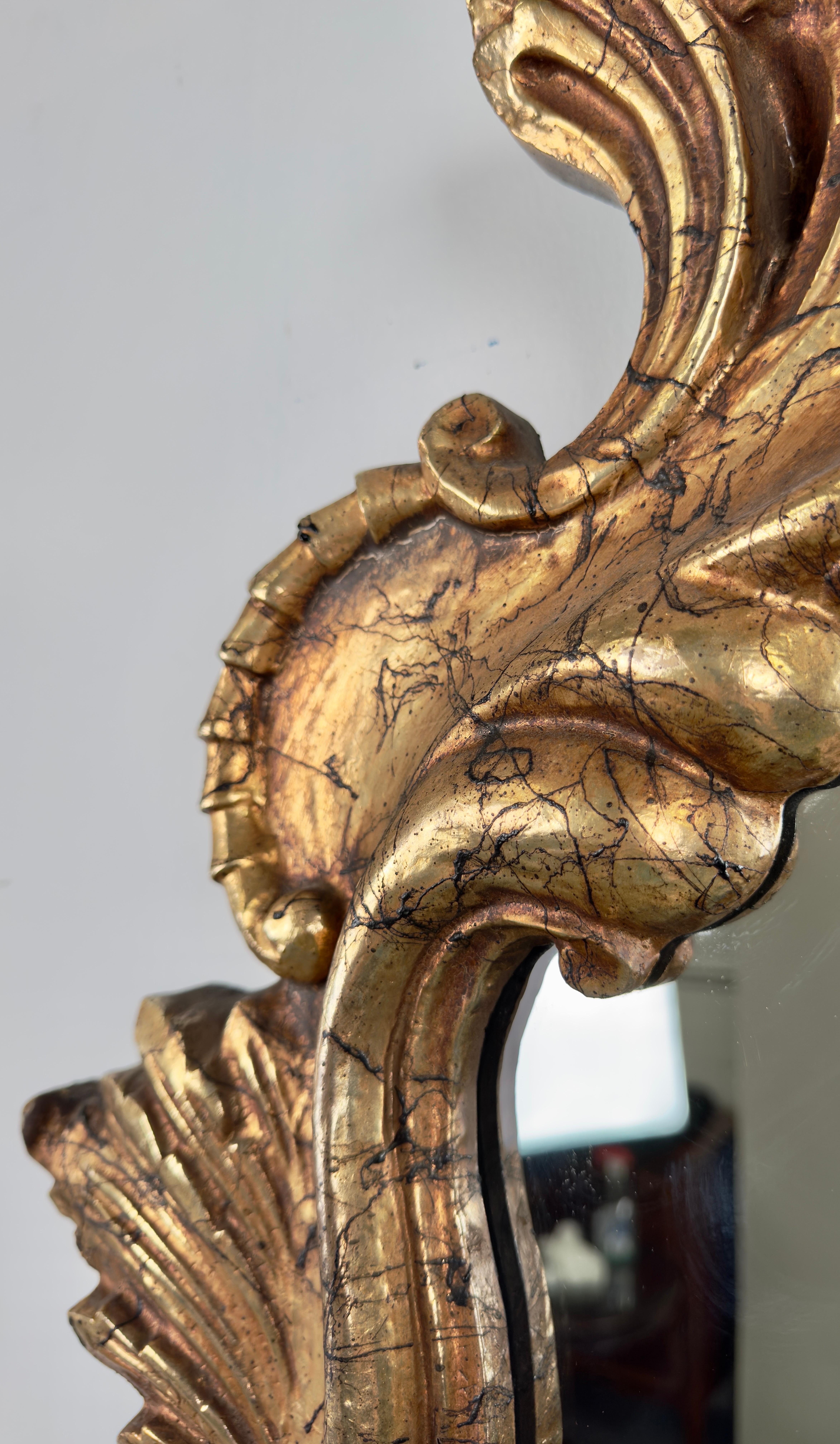 French Baroque Louis XV Style Antiqued Gold Wall or Console Mirror, a Pair For Sale 2