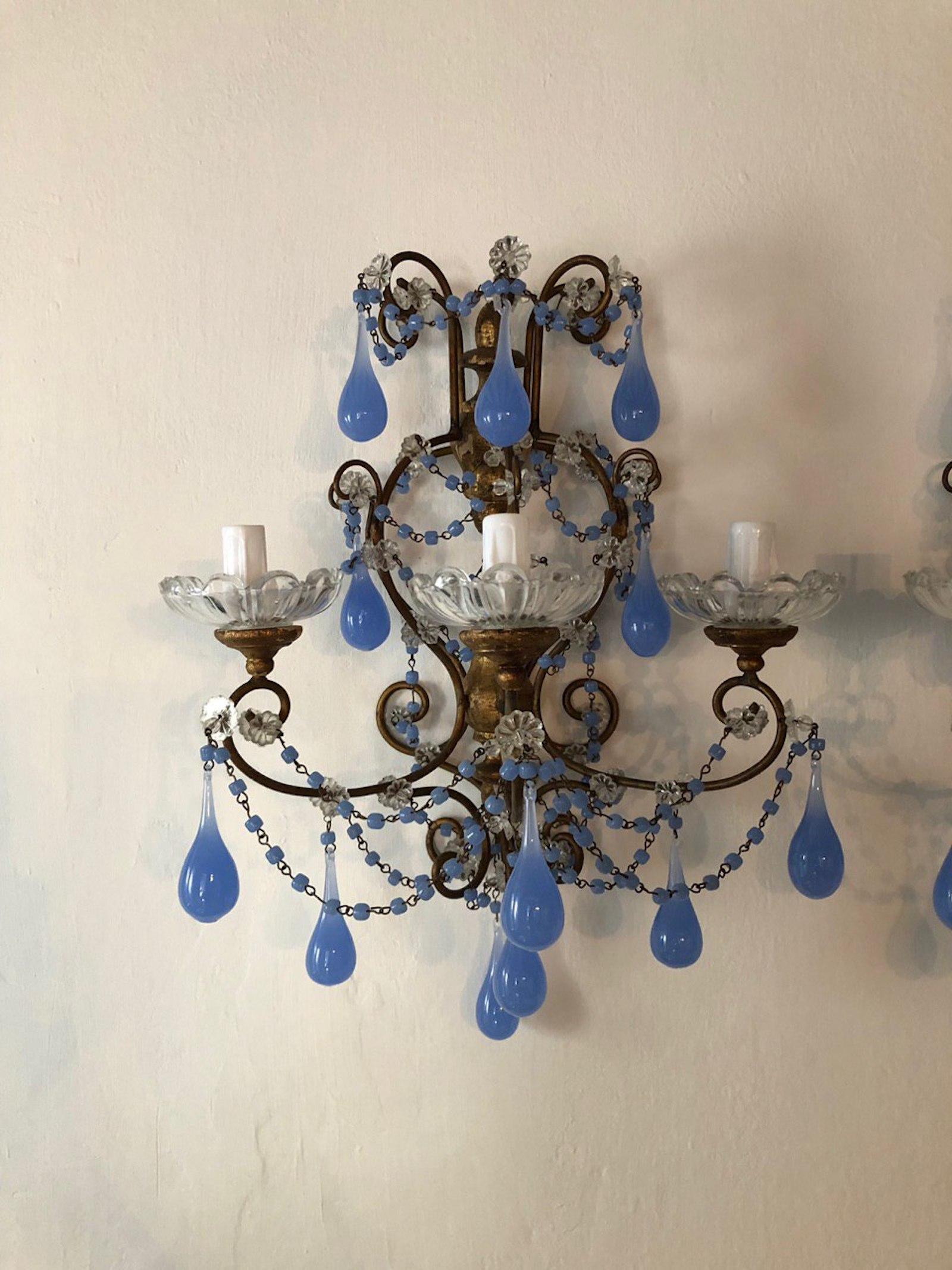 Early 20th Century French Baroque Periwinkle Lavender Purple Opaline Drop Beads Sconces