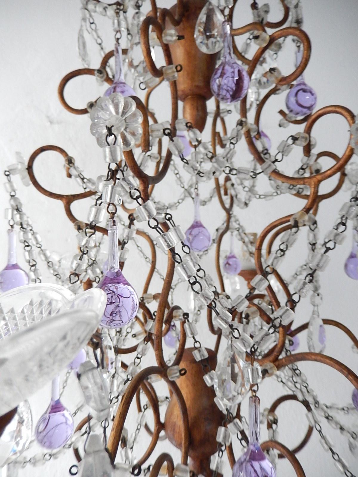 French Baroque Purple Lavender Murano Drops Crystal Prisms Swags Old Chandelier 6
