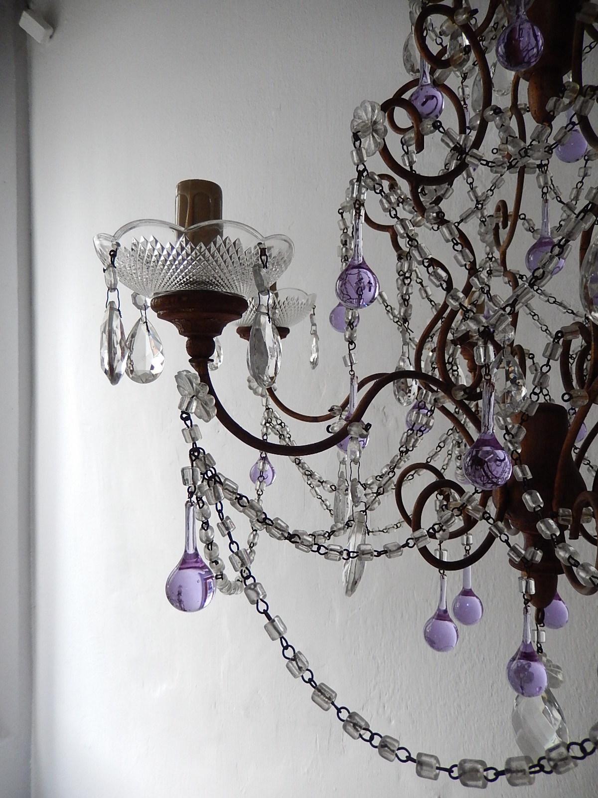 French Baroque Purple Lavender Murano Drops Crystal Prisms Swags Old Chandelier 7