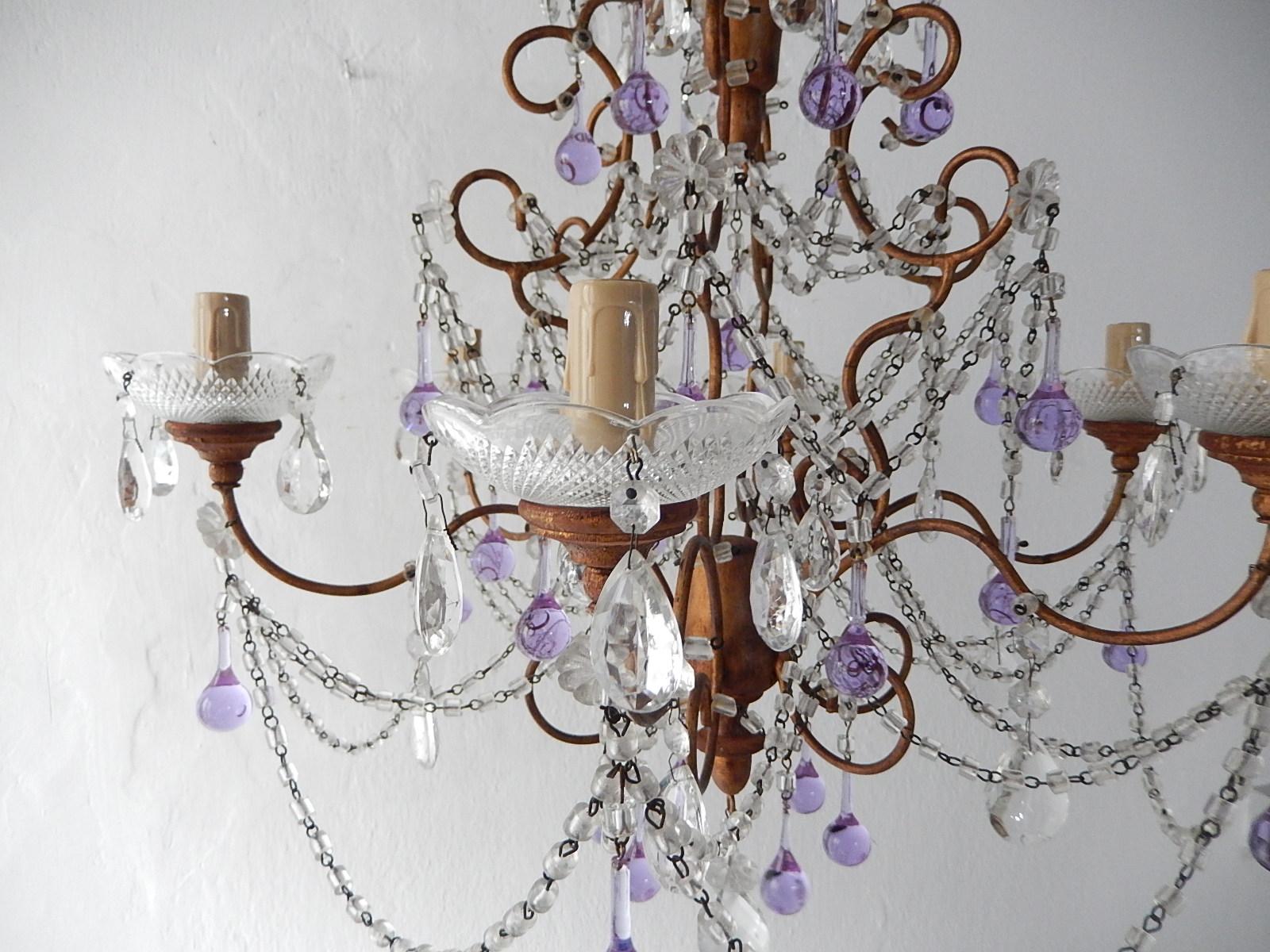 French Baroque Purple Lavender Murano Drops Crystal Prisms Swags Old Chandelier In Good Condition In Modena (MO), Modena (Mo)