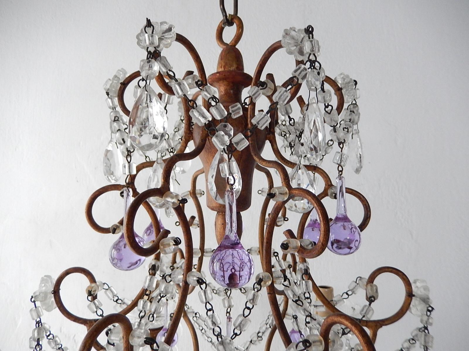 Early 20th Century French Baroque Purple Lavender Murano Drops Crystal Prisms Swags Old Chandelier