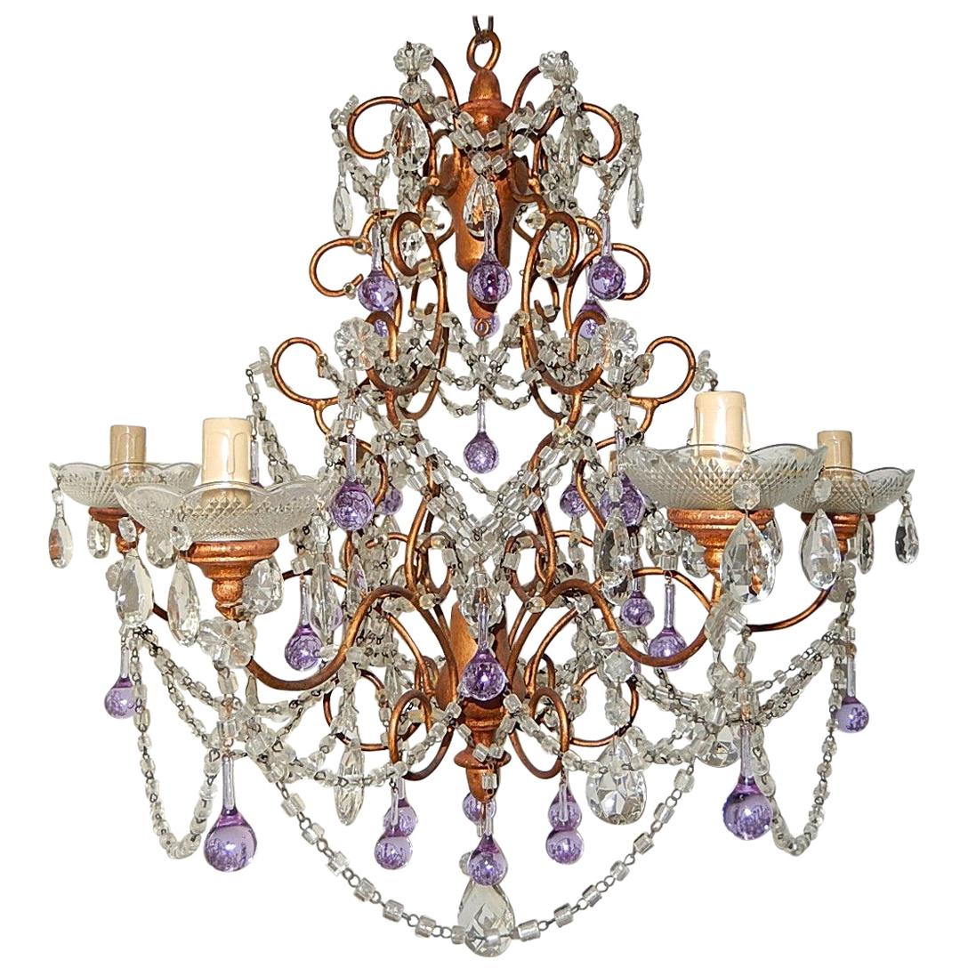 French Baroque Purple Lavender Murano Drops Crystal Prisms Swags Old Chandelier