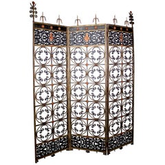French Baroque Revival Style 3-Panel Wrought Iron and Metal Room-Divider Screen