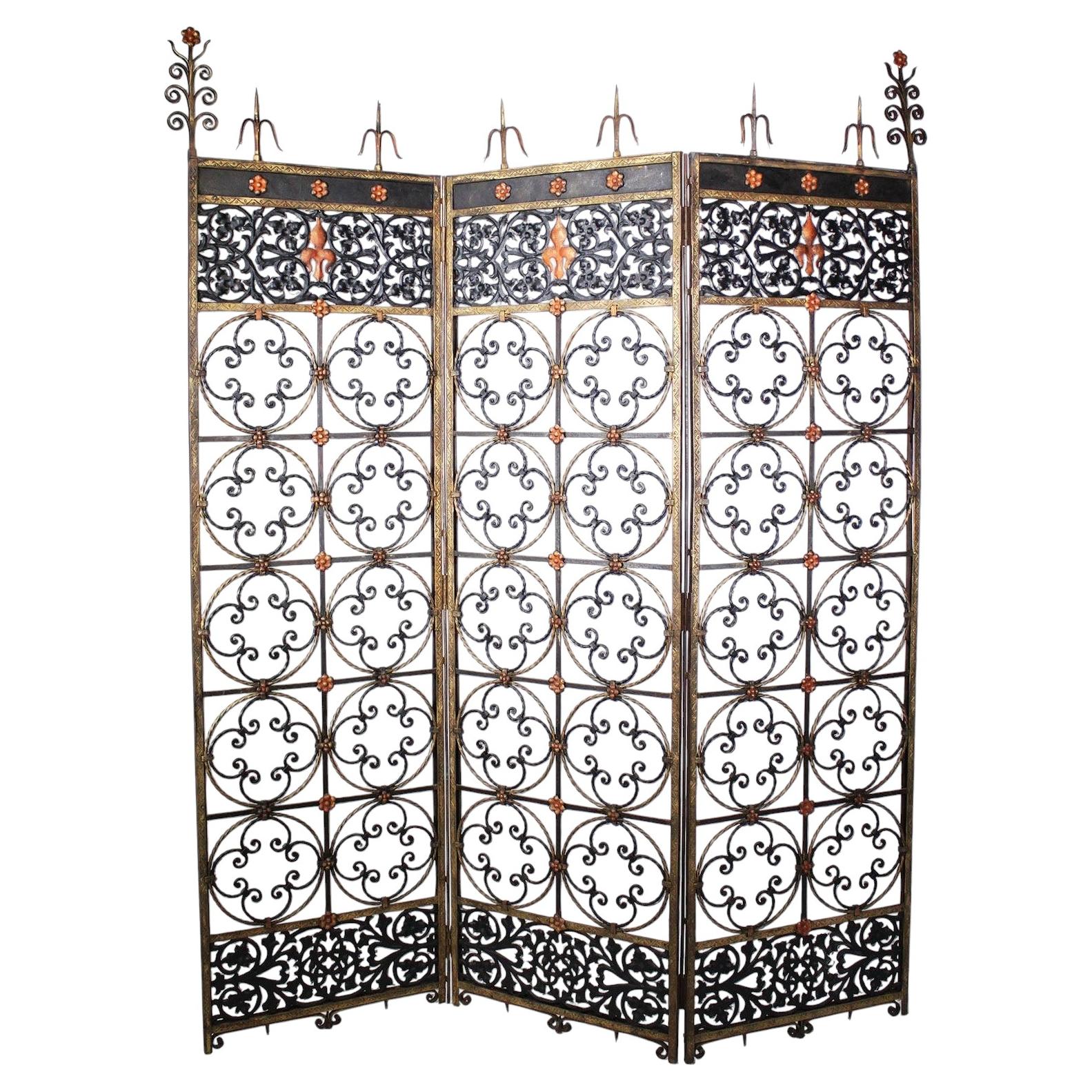 French Baroque Revival Style 3-Panel Wrought Iron and Metal Room-Divider Screen