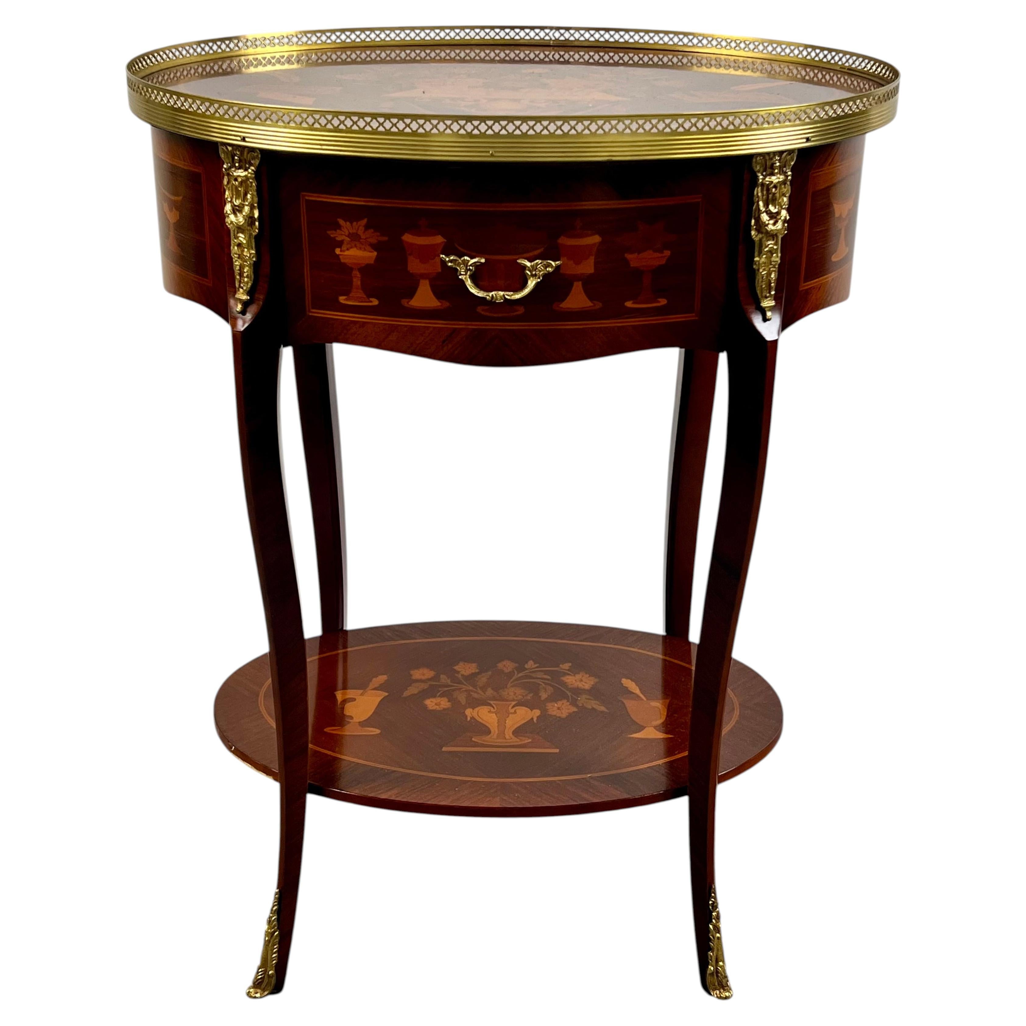 French Baroque Revival Style Oval Marquetry Side or End Table with Ormolu Accent For Sale