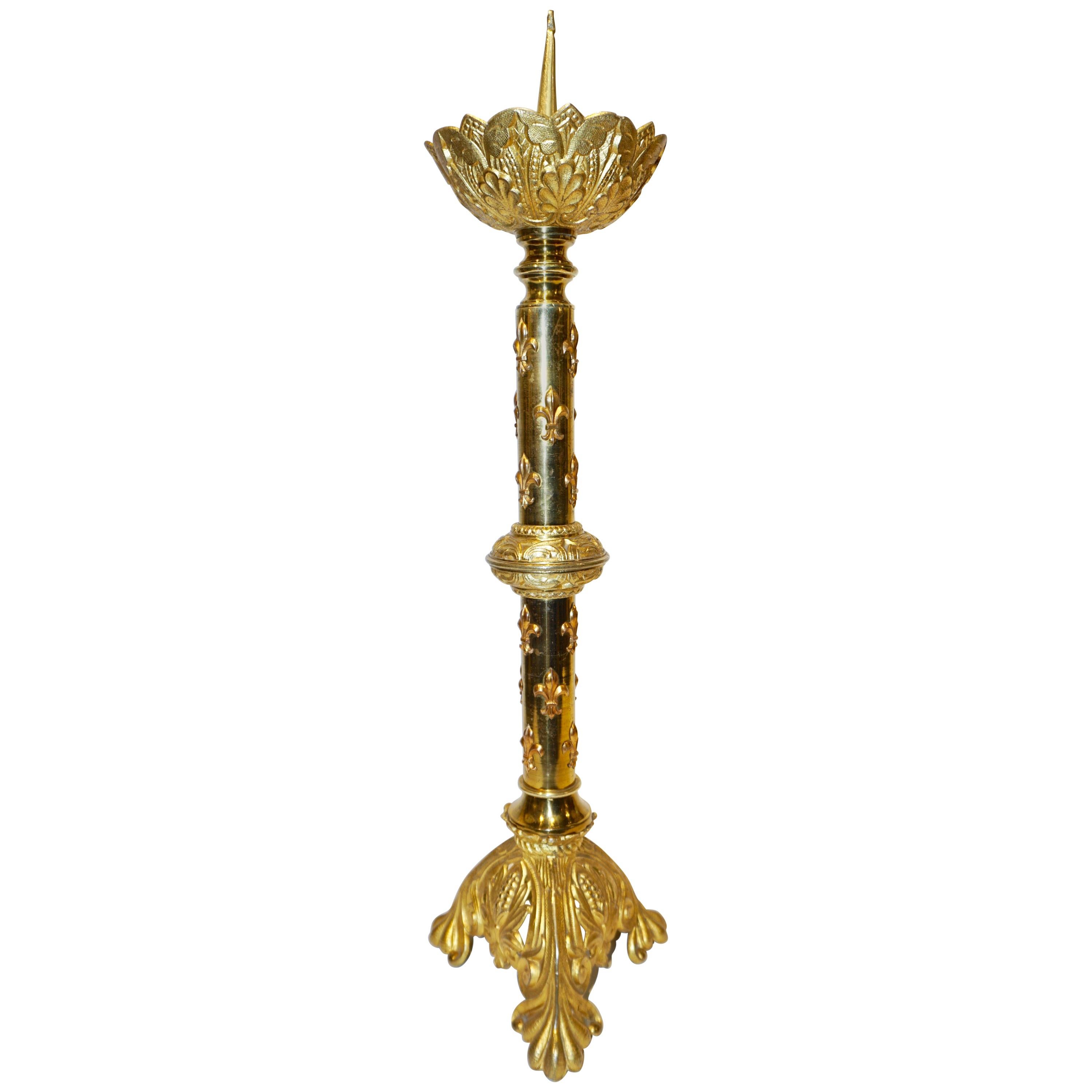 French Baroque Revival Tall Gilt Bronze Ormolu Pricket Candlestick, 1880s