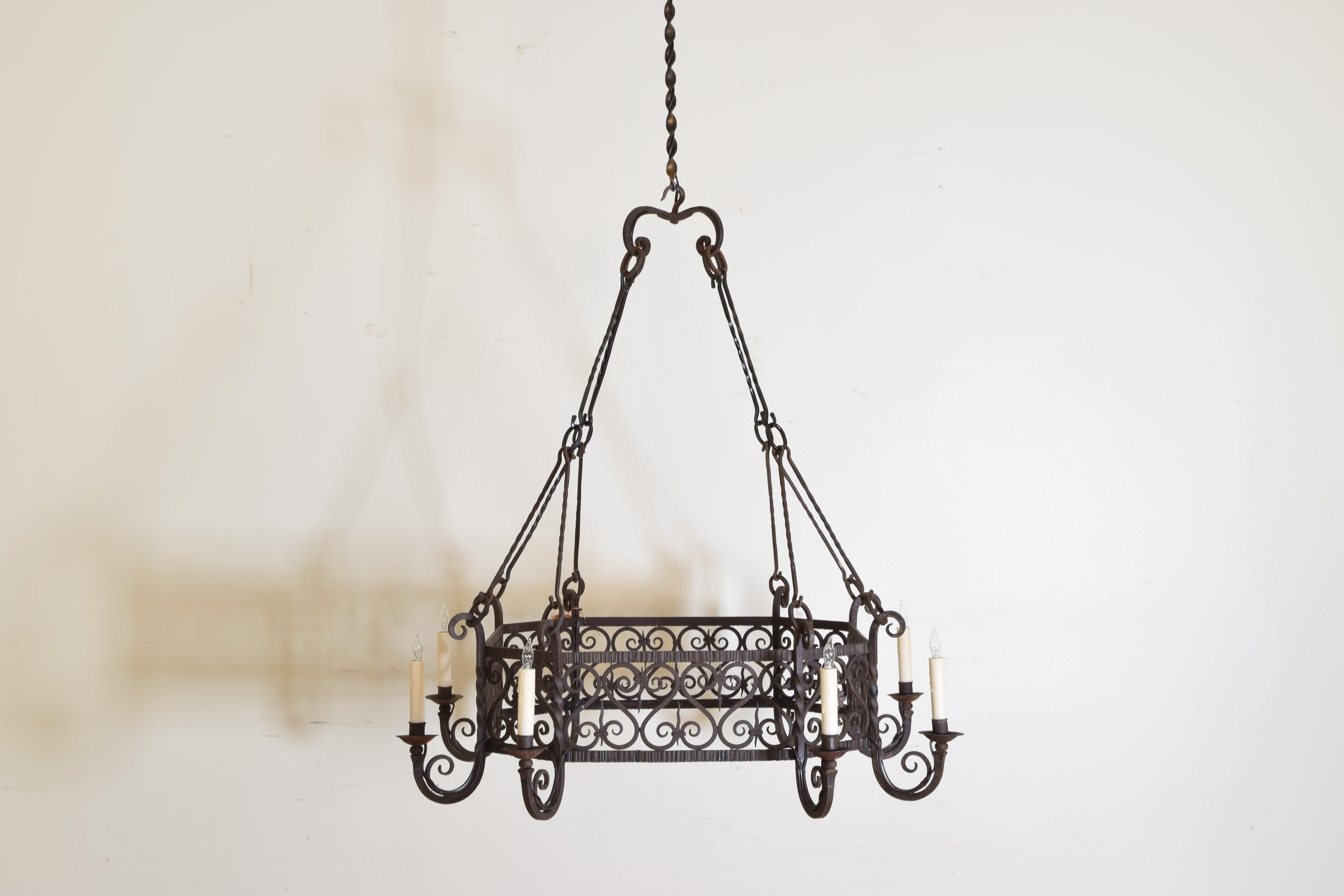French Baroque Revival Wrought Iron Octagonal 8-Light Chandelier 19th Century 1