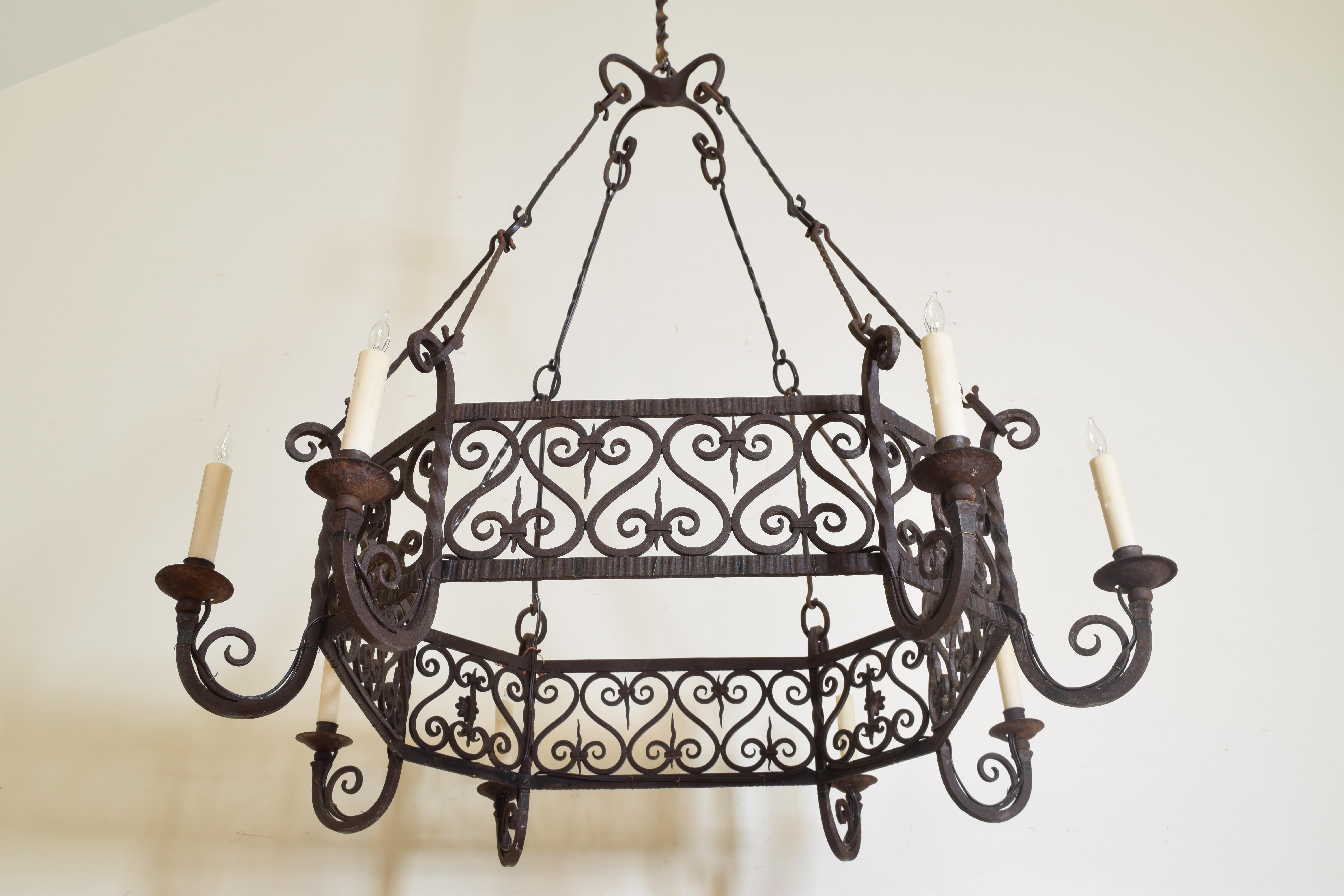 French Baroque Revival Wrought Iron Octagonal 8-Light Chandelier 19th Century 2
