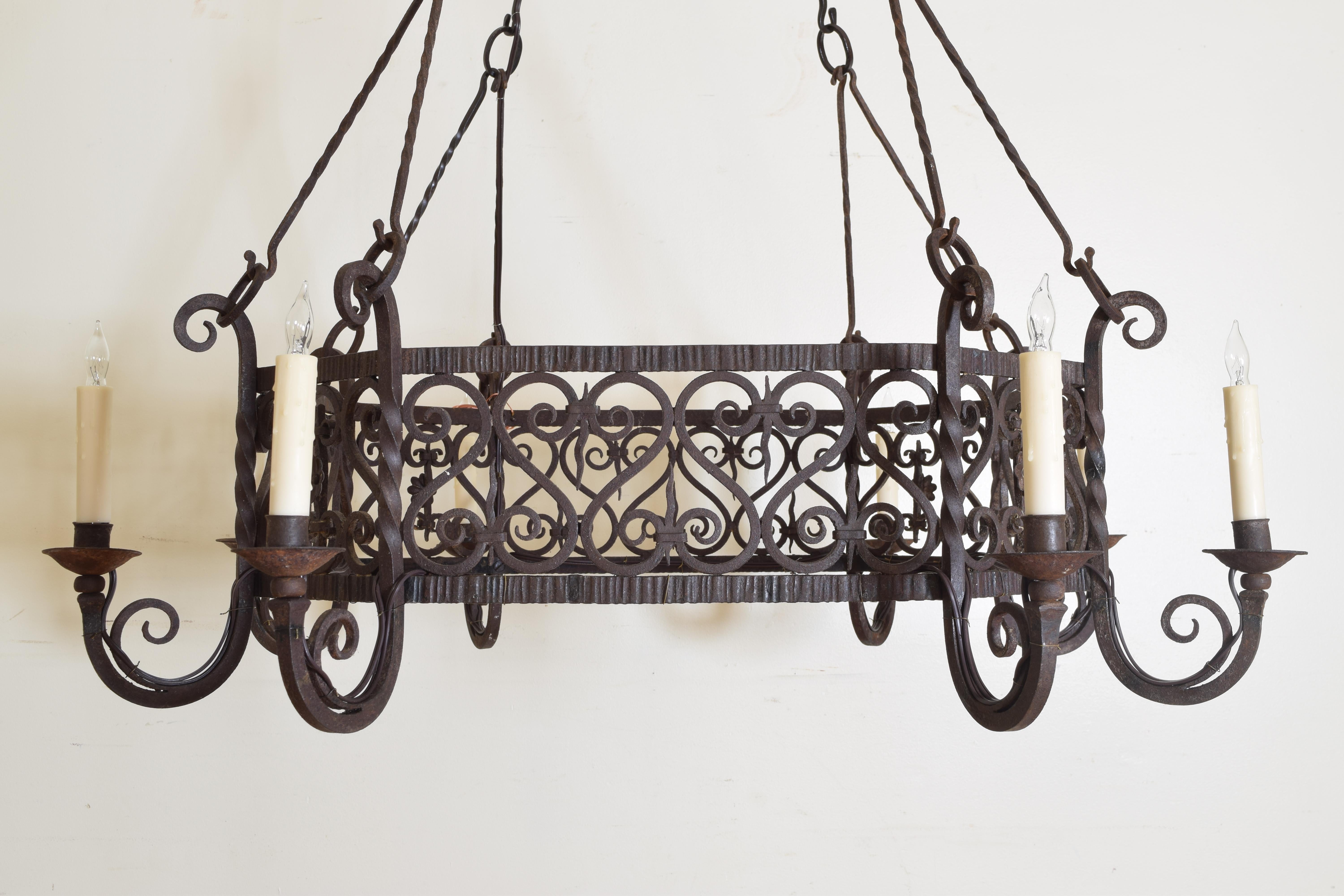 French Baroque Revival Wrought Iron Octagonal 8-Light Chandelier 19th Century 3