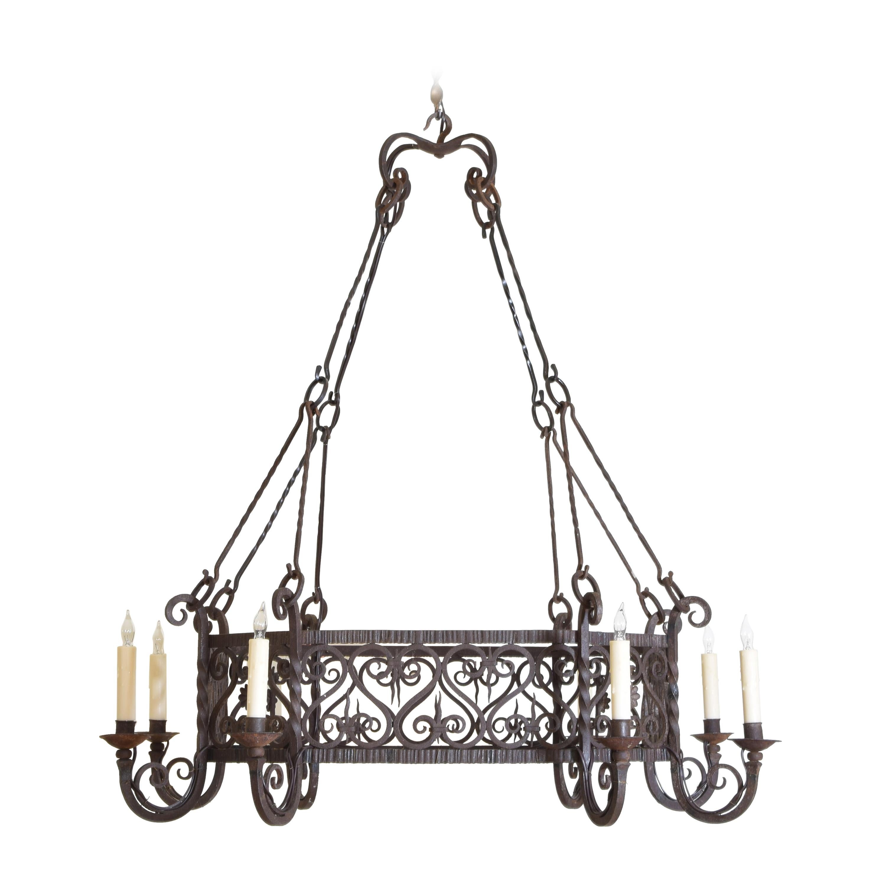 French Baroque Revival Wrought Iron Octagonal 8-Light Chandelier 19th Century