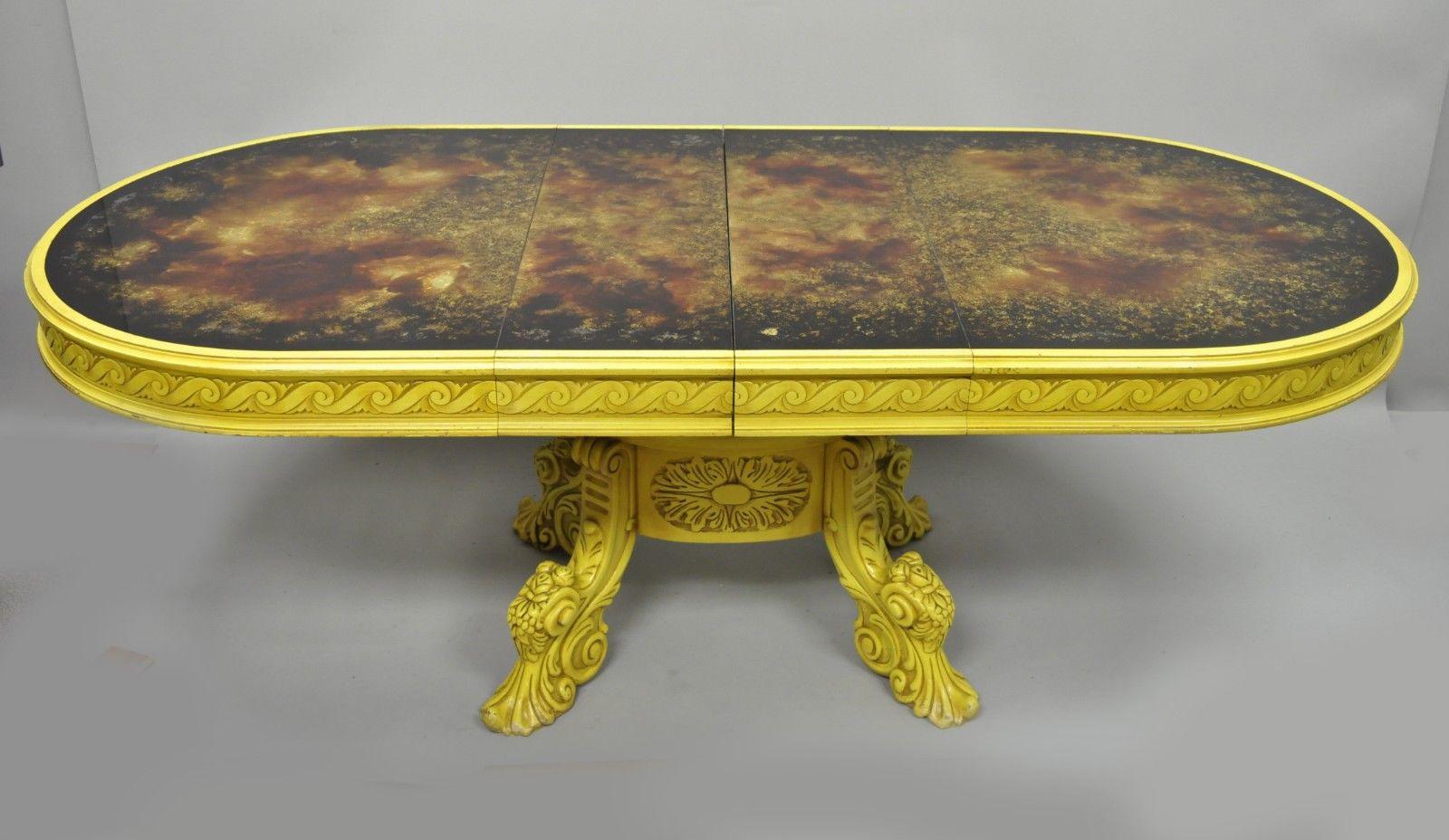 French Baroque Rococo Style Oval Eglomise Art Glass Top Yellow Dining Table For Sale 3
