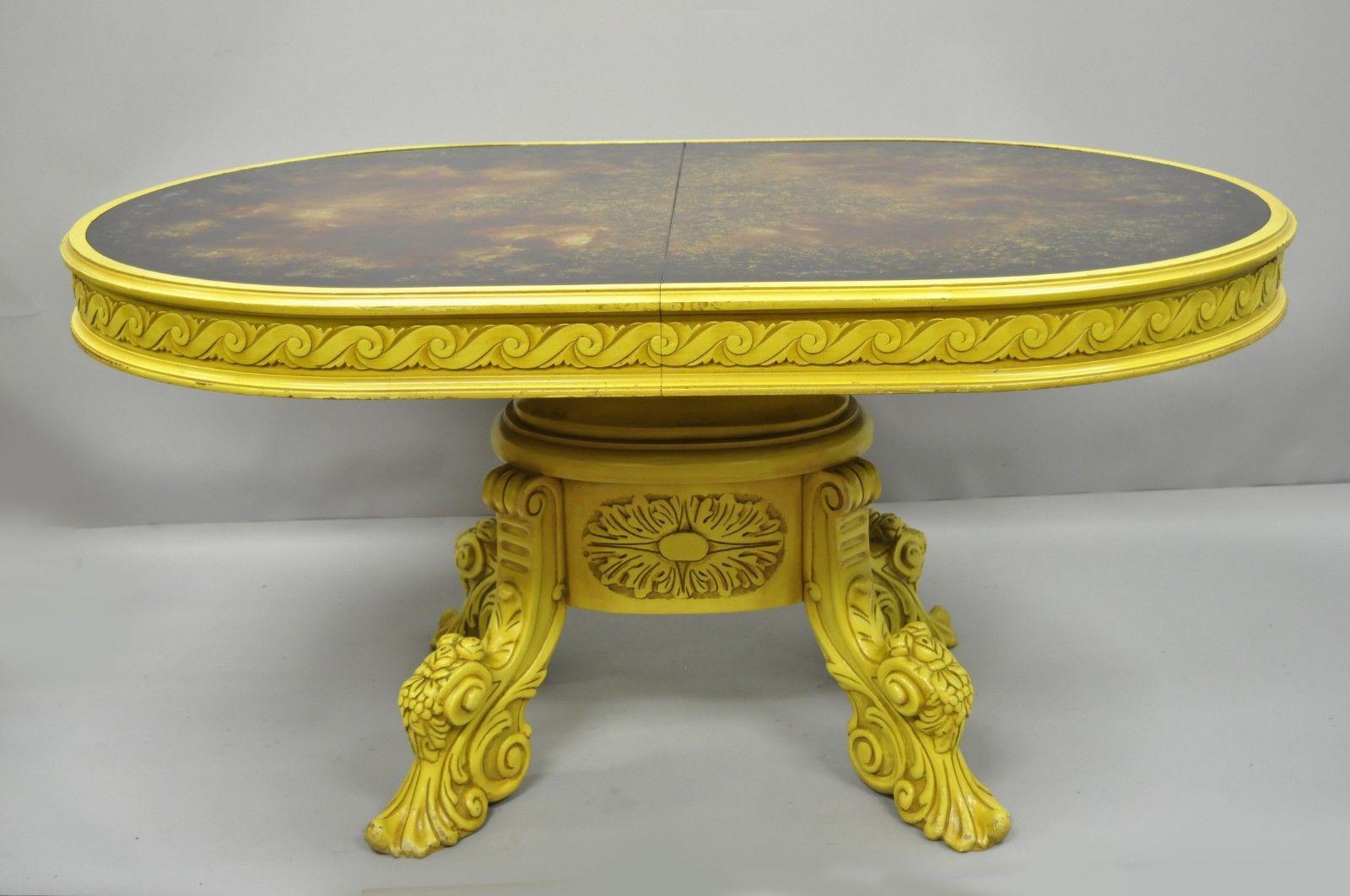 French Baroque Rococo Style Oval Eglomise Art Glass Top Yellow Dining Table For Sale 4