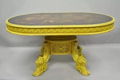 French Baroque Rococo Style Oval Eglomise Art Glass Top Yellow Dining Table