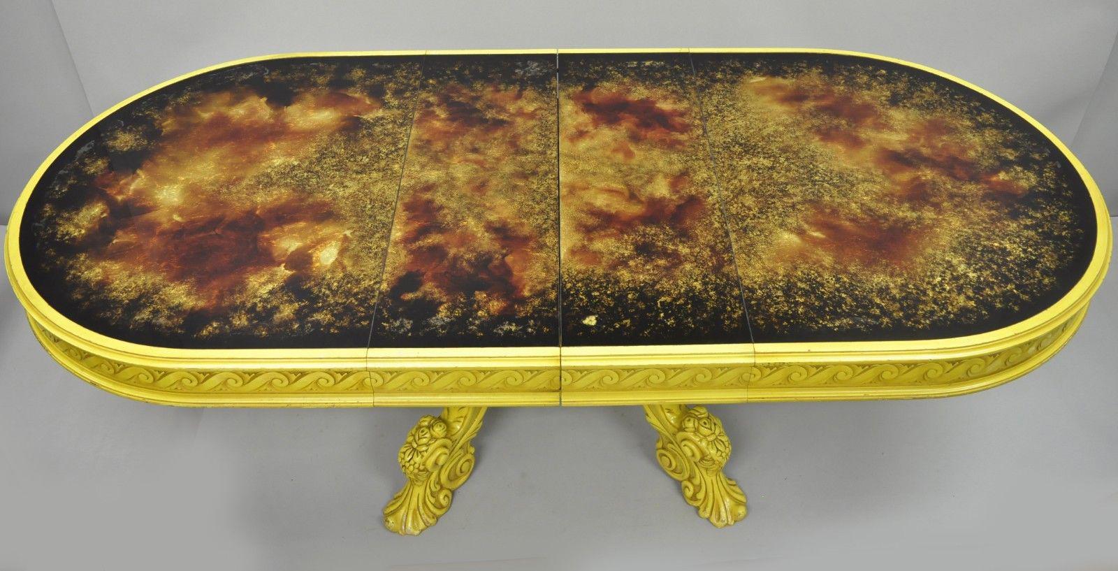 French Baroque Rococo Style Oval Eglomise Art Glass Top Yellow Dining Table In Good Condition For Sale In Philadelphia, PA