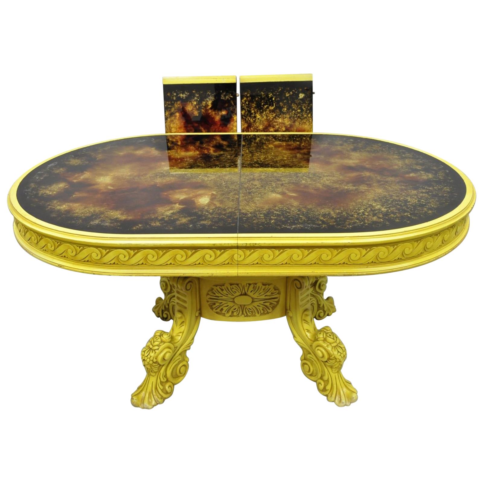 French Baroque Rococo Style Oval Eglomise Art Glass Top Yellow Dining Table For Sale