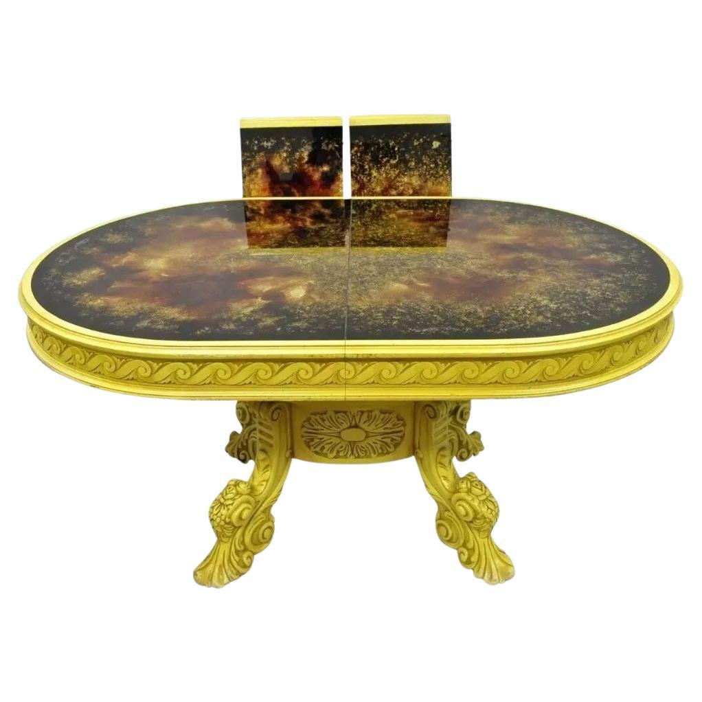 Table de salle à manger française de style rococo ovale églomisé avec plateau en verre jaune en vente