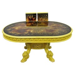 French Baroque Rococo Style Oval Eglomise Art Glass Top Yellow Dining Table