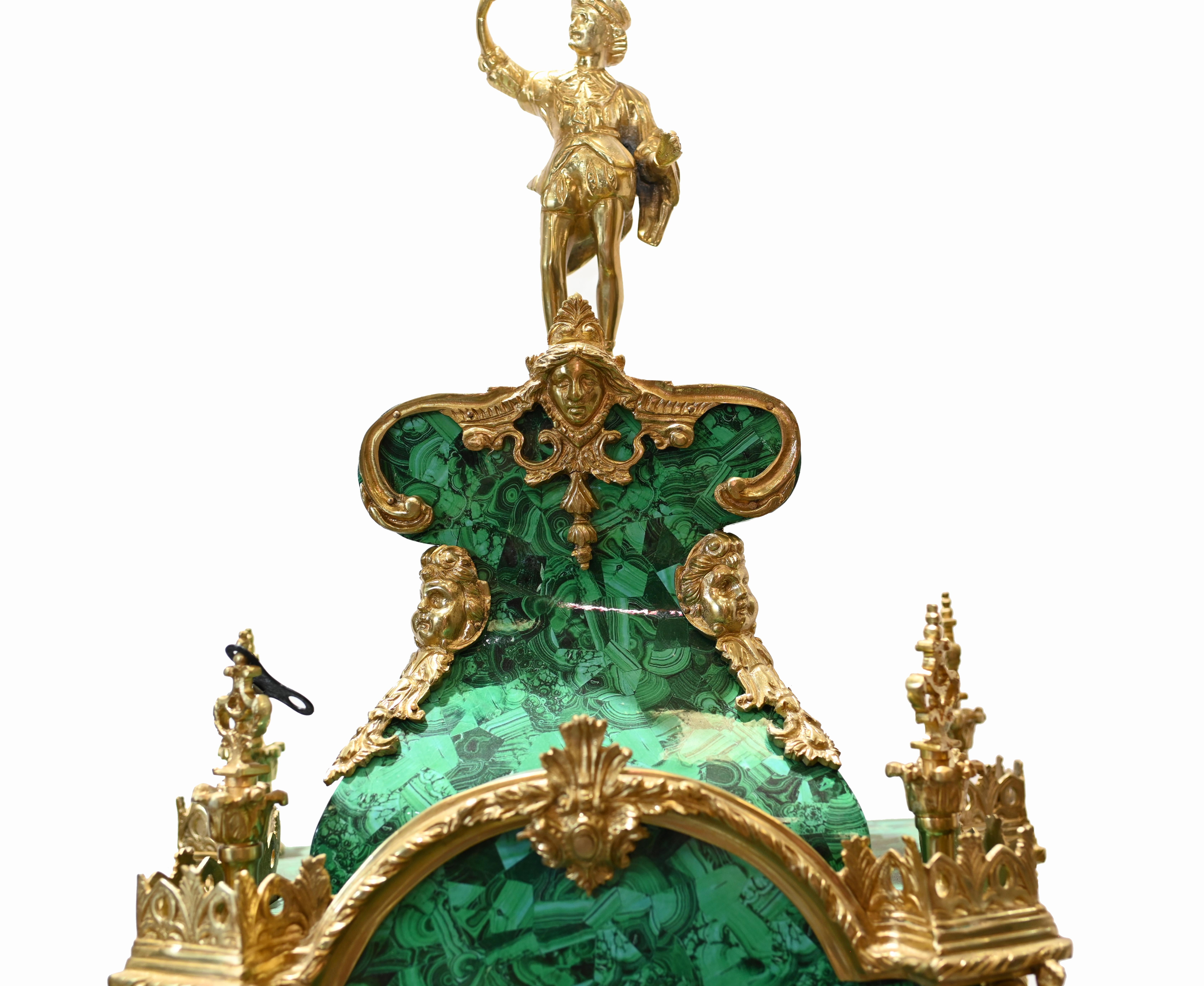 Metal French Baroque Standing Clock Malachite Gilt
