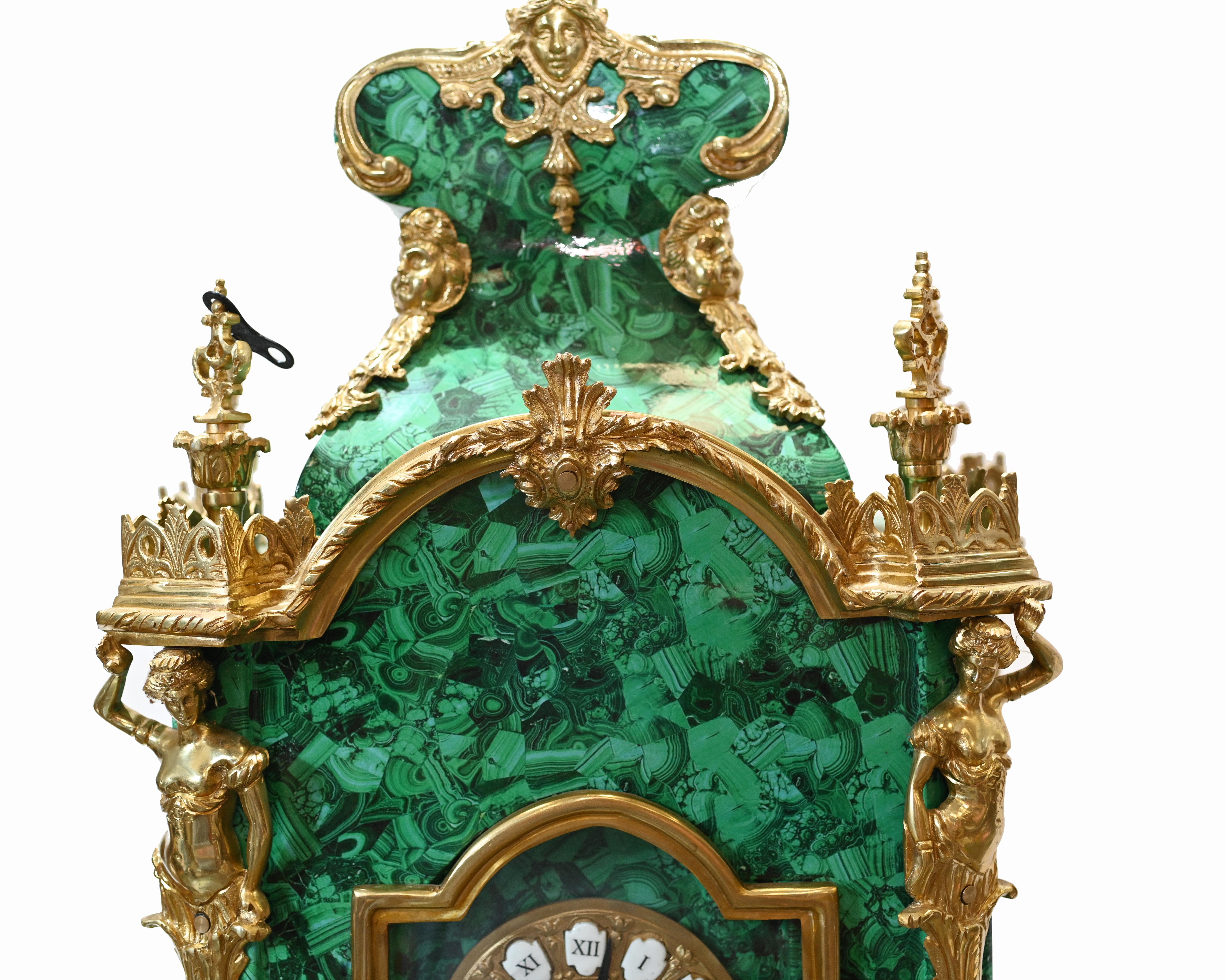 French Baroque Standing Clock Malachite Gilt 1