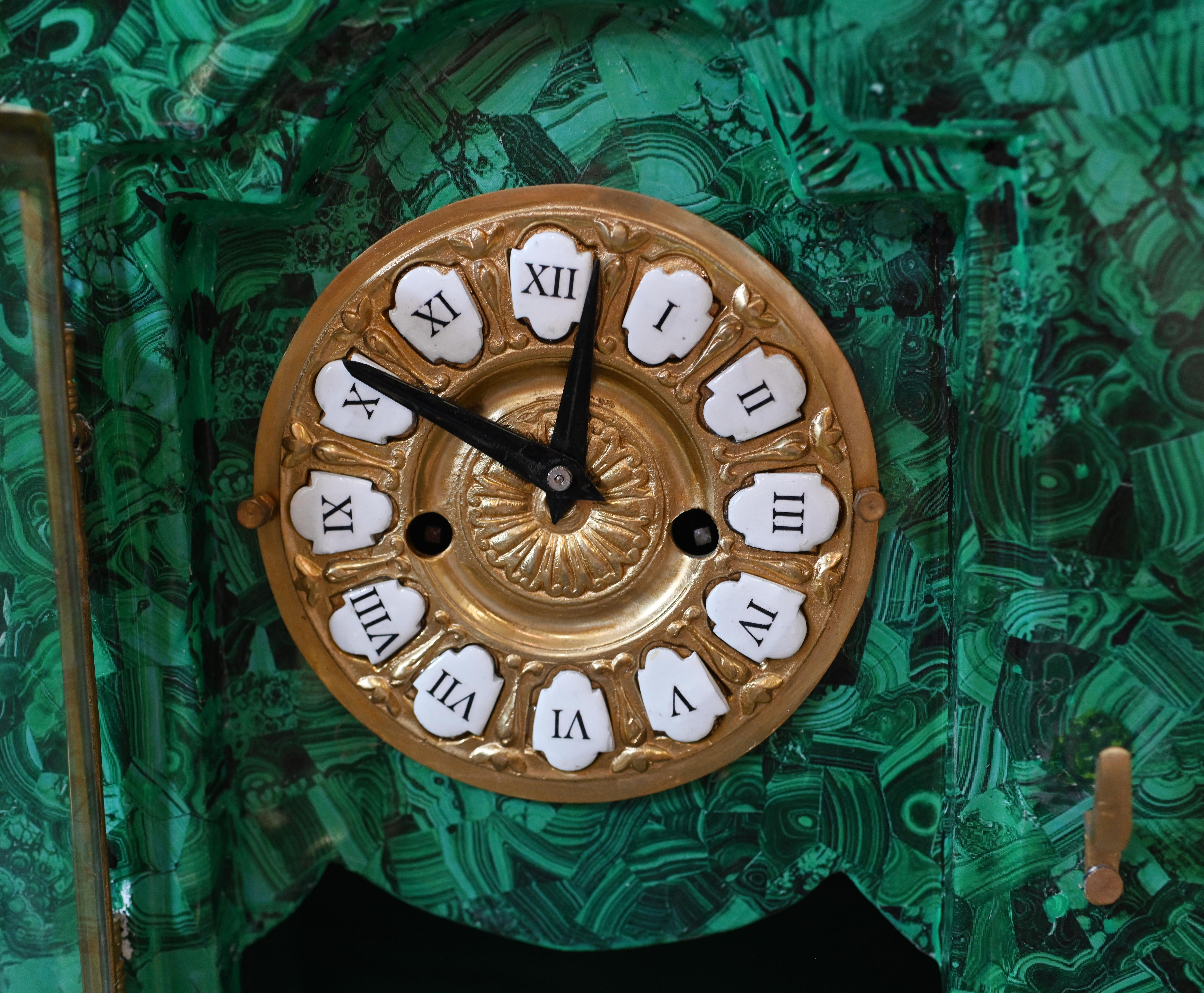French Baroque Standing Clock Malachite Gilt 2