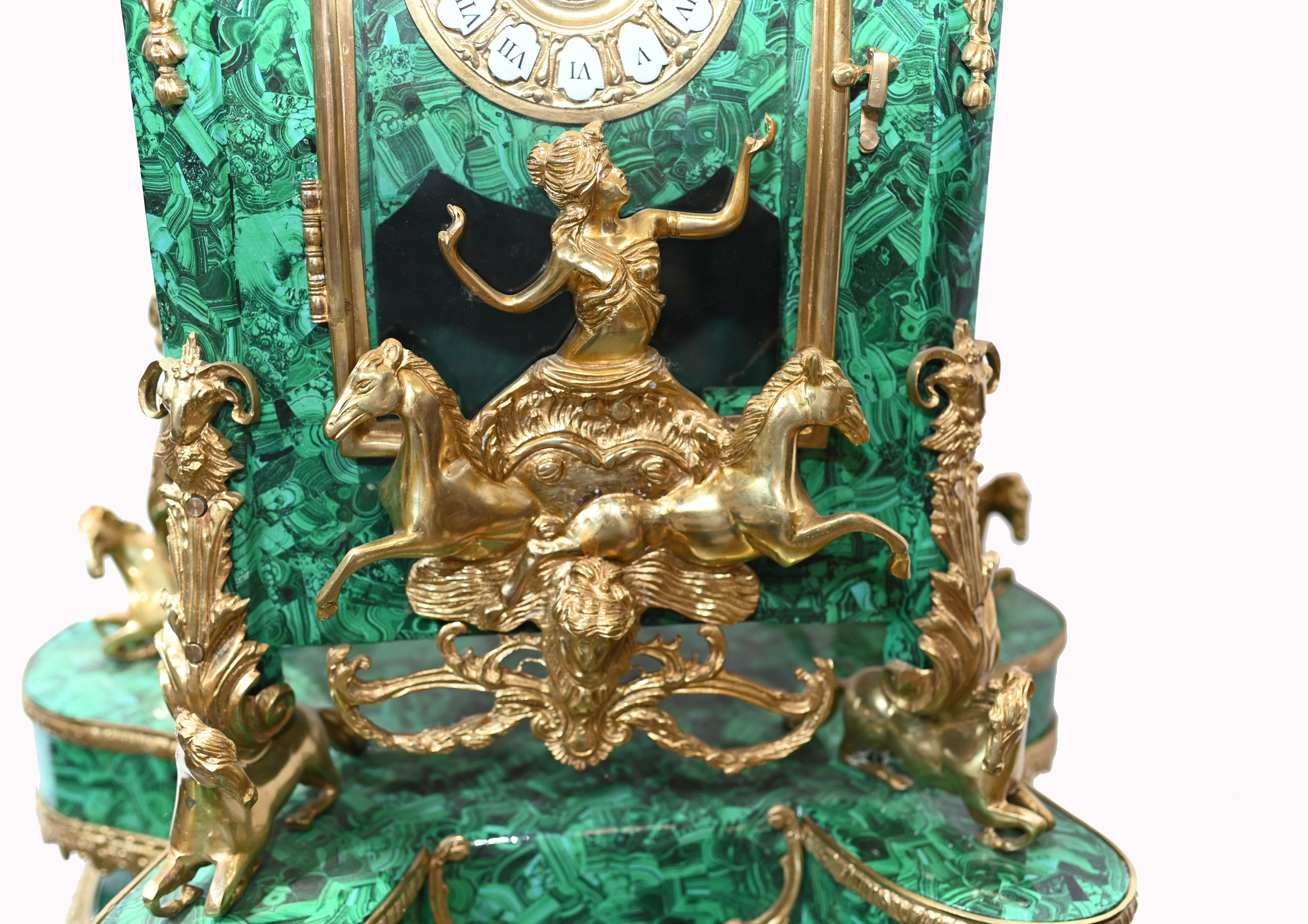 French Baroque Standing Clock Malachite Gilt 3