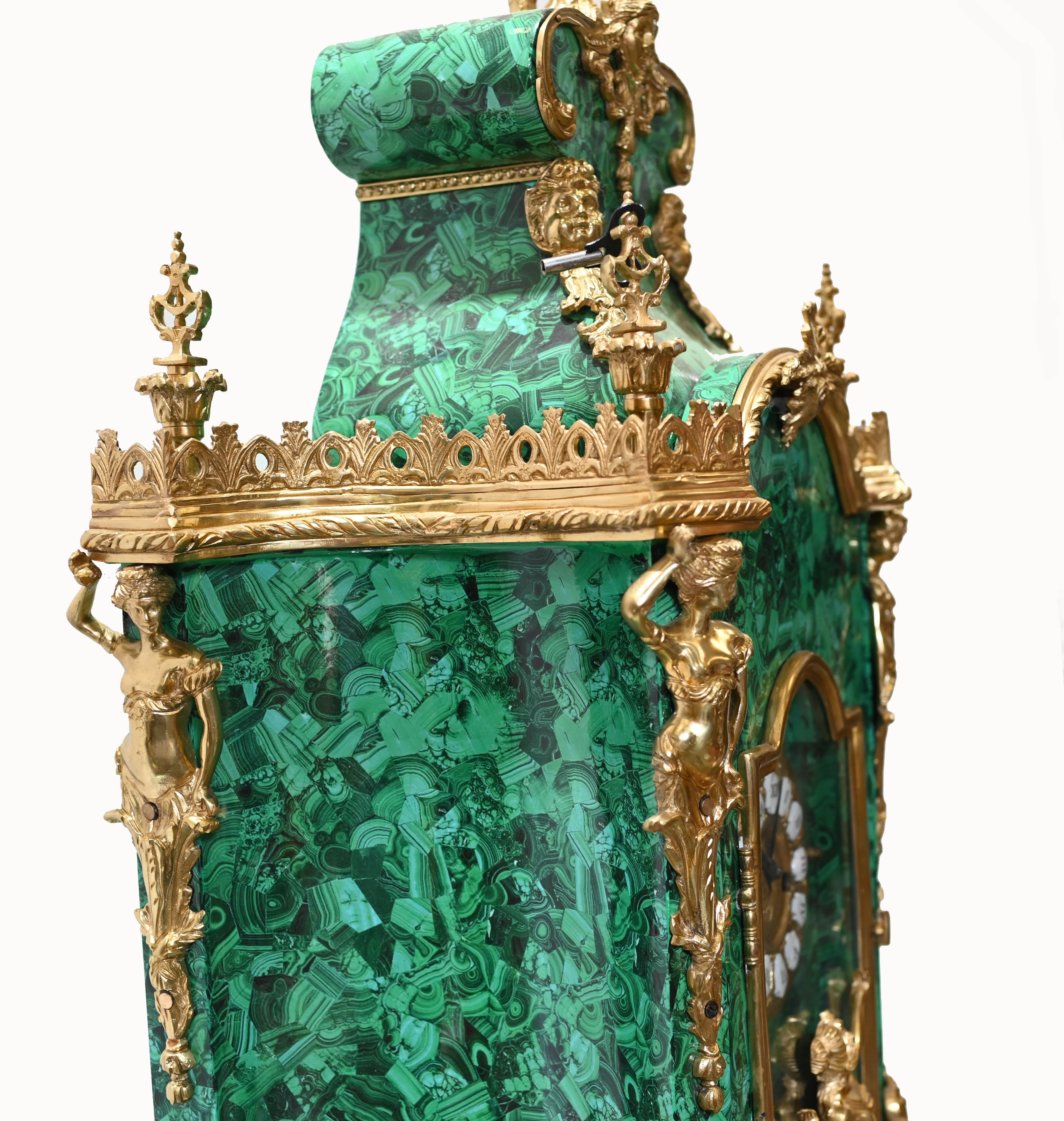French Baroque Standing Clock Malachite Gilt 4