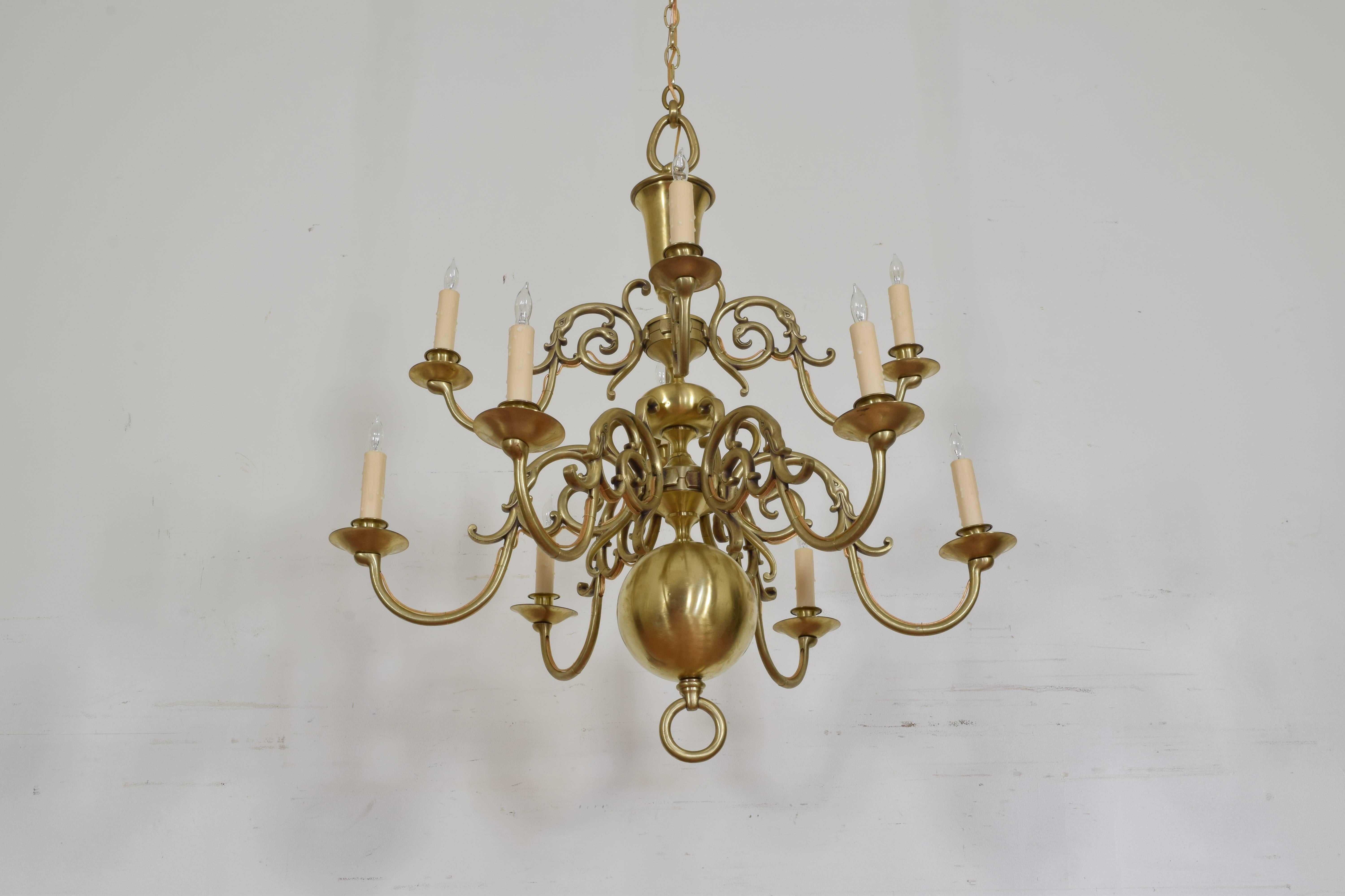 French Baroque Style Brass Ten-Light Two-Tier Chandelier, UL Wired In Excellent Condition In Atlanta, GA