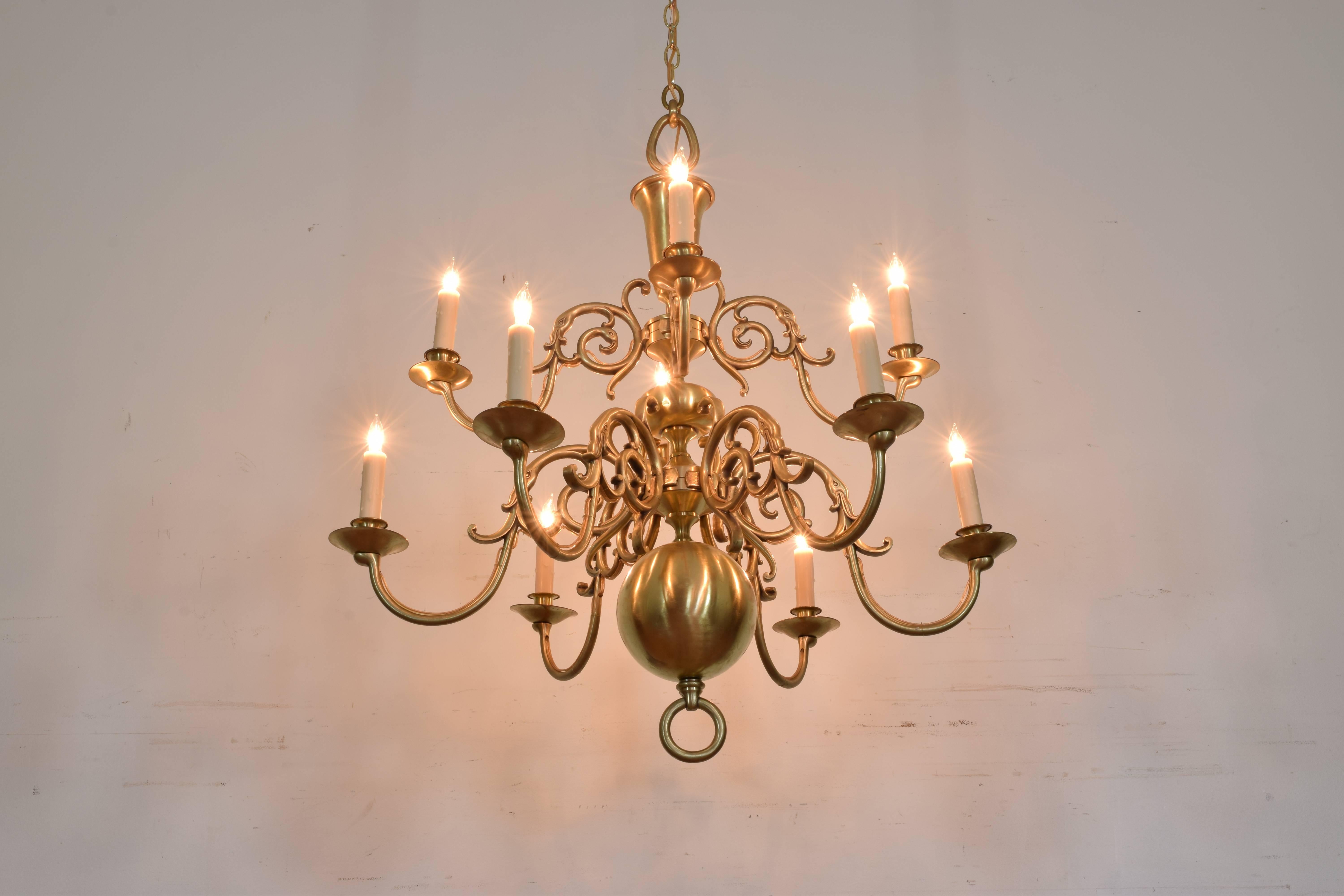 20th Century French Baroque Style Brass Ten-Light Two-Tier Chandelier, UL Wired