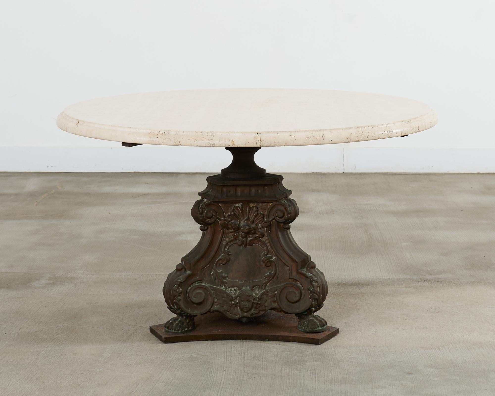 Baroque Table de salle à manger de style baroque français en bronze et travertin en vente