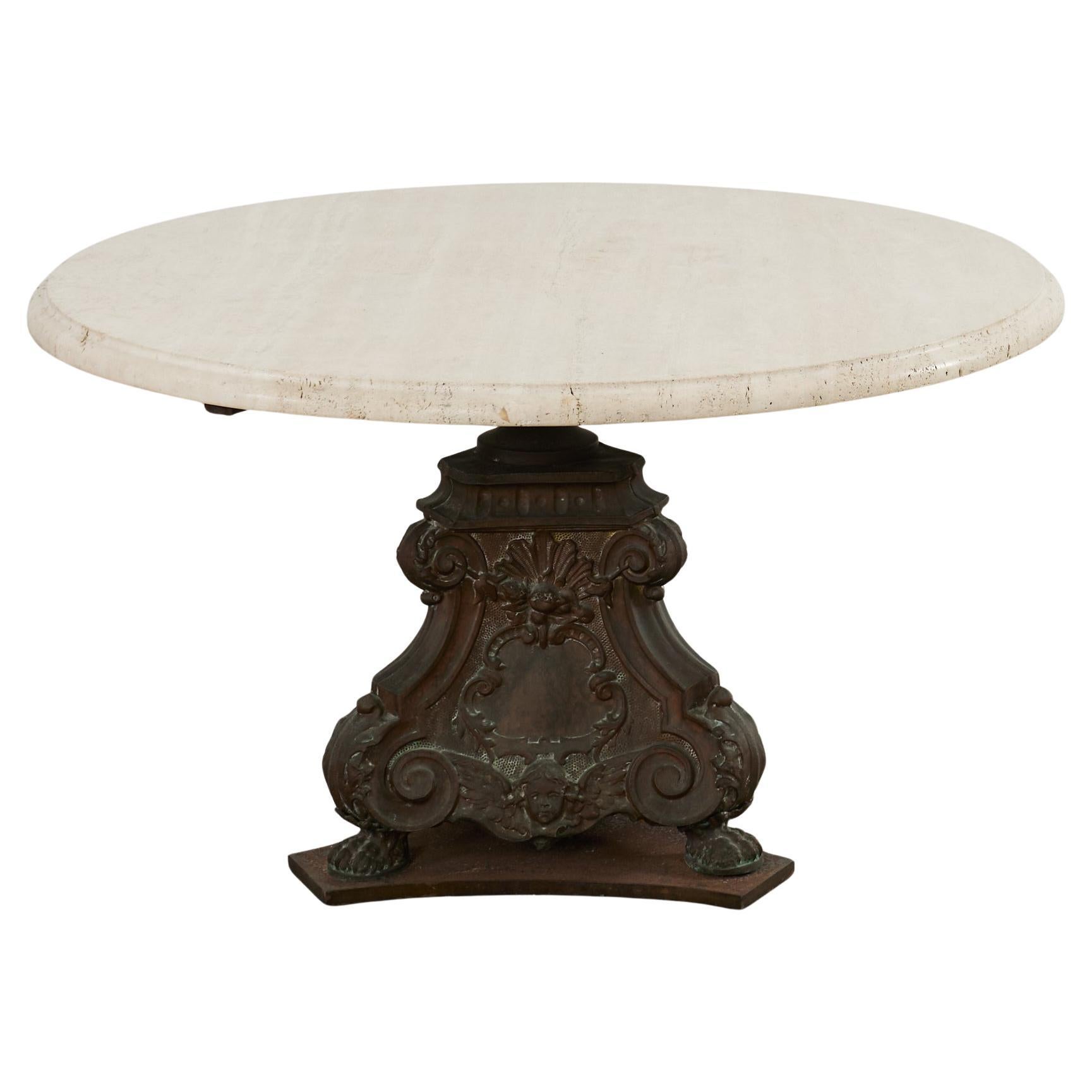 Table de salle à manger de style baroque français en bronze et travertin en vente
